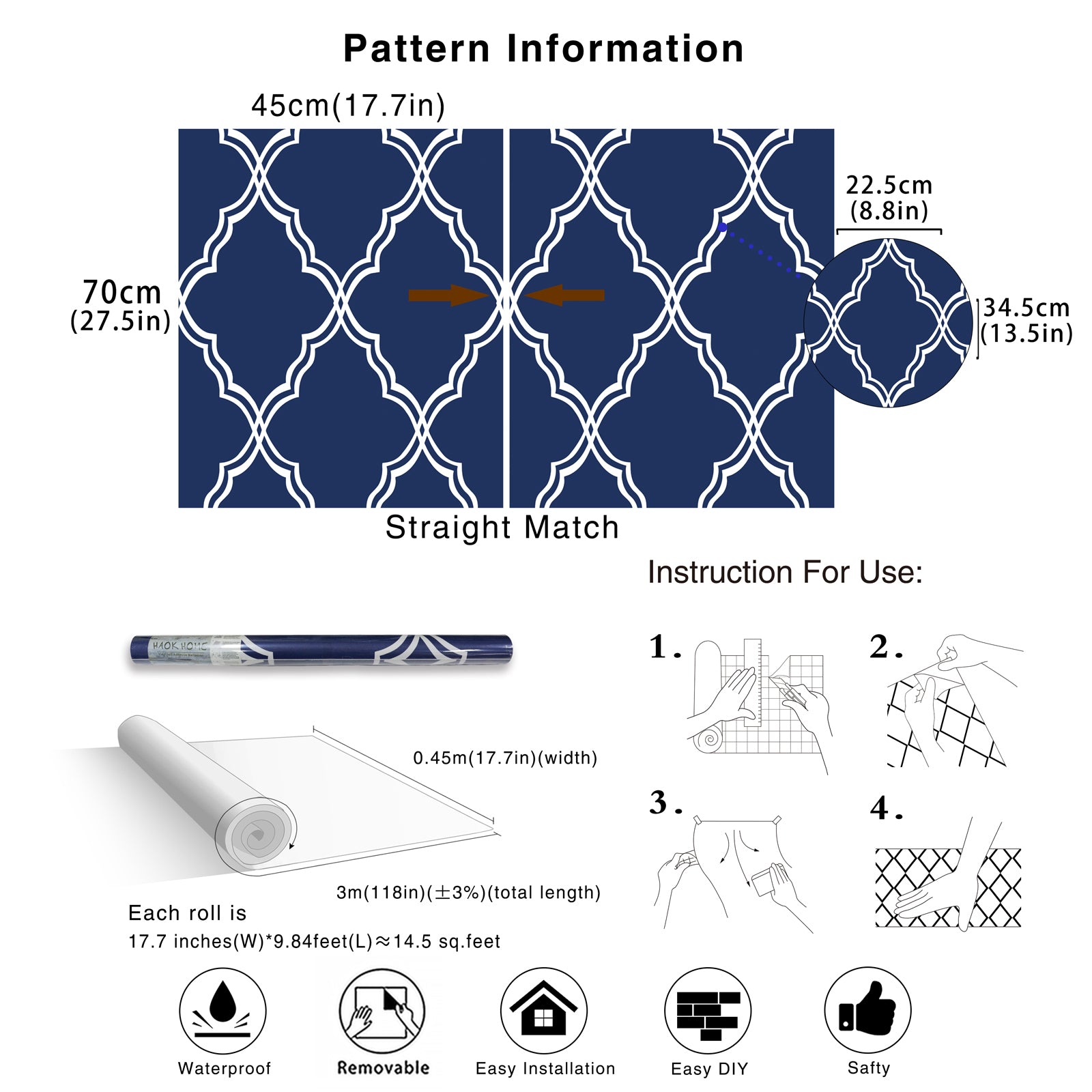 HaokHome Navy Blue Geometric Peel and Stick Wallpaper Removable Tiles Mural Contact Paper