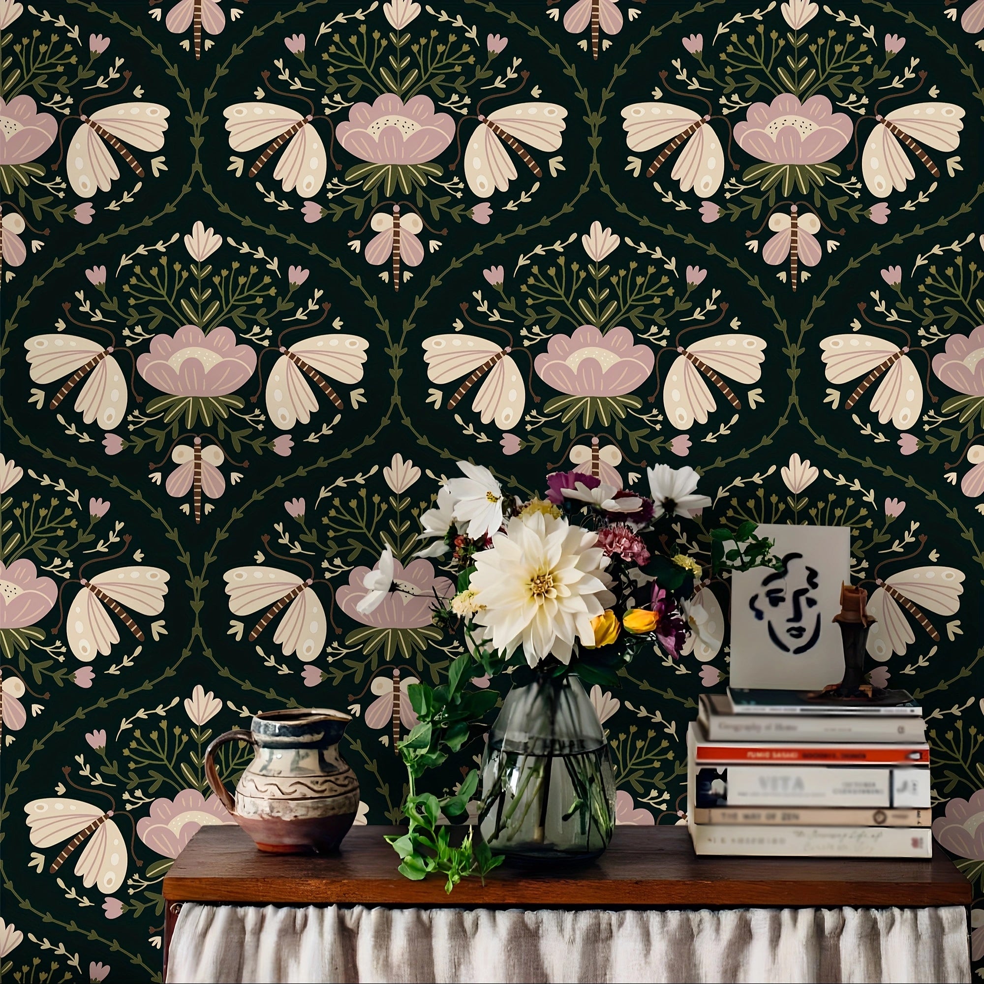 HaokHome Moody Black Floral Peel and Stick Wallpaper, Vintage Moth & Dahlia Removable Self Adhesive Wallpaper