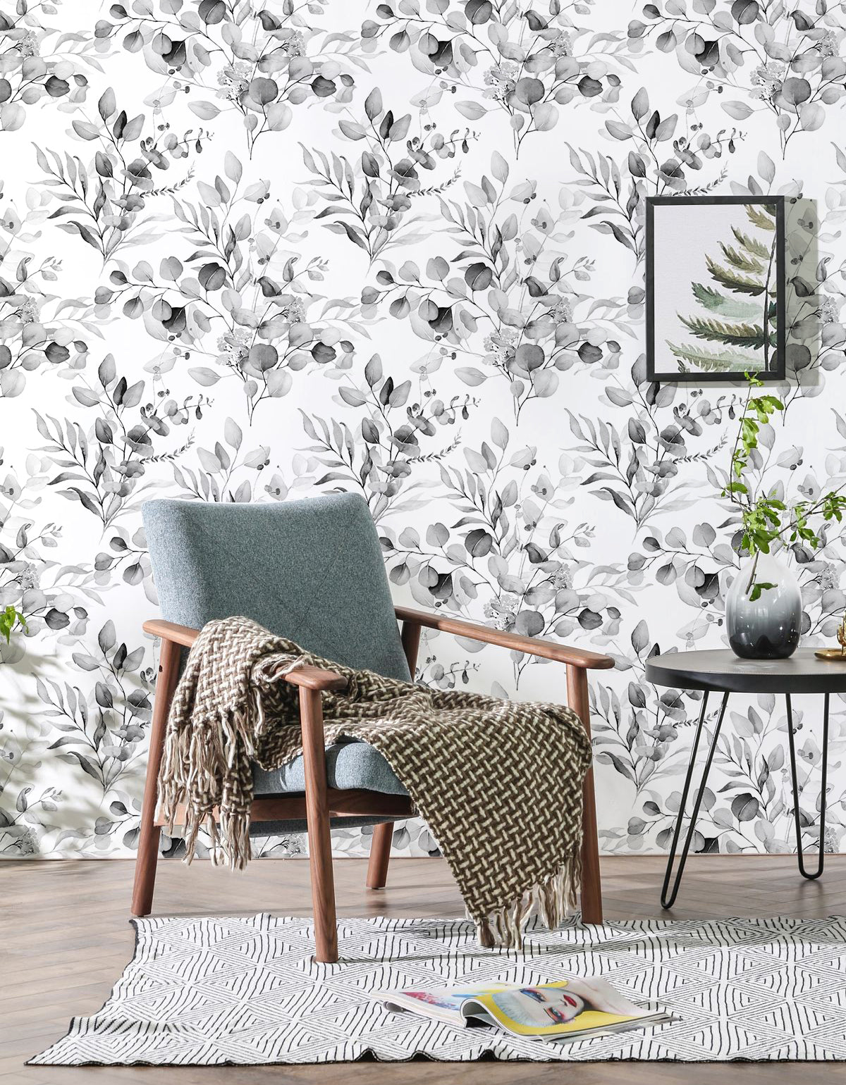 HaokHome Peel and Stick Wallpaper Boho Black/Grey/White Eucalyptus Leaf Floral Wall Mural Home Nursery Boho Contact Paper