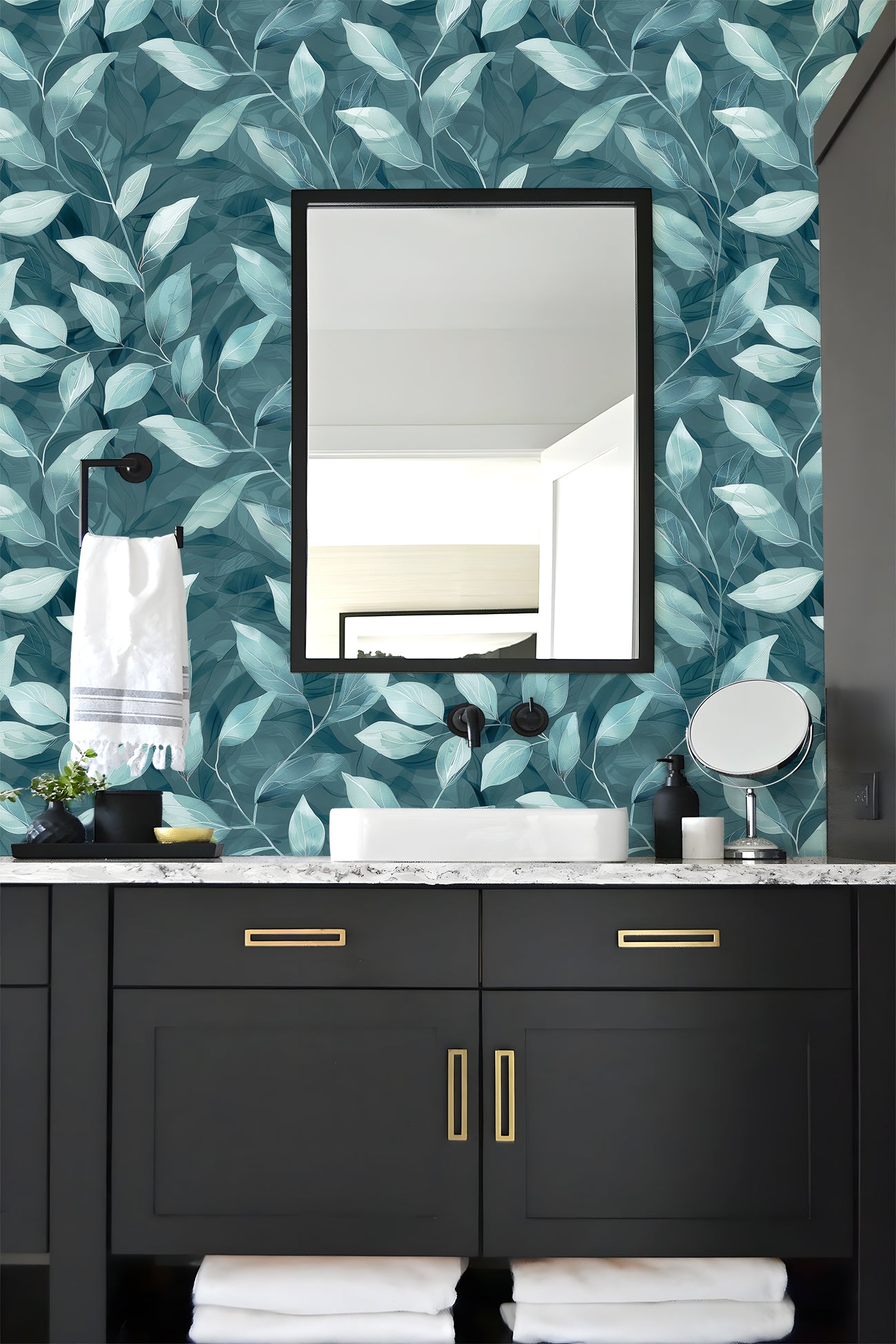 Haokhome Dusty Teal Layered Leaf Removable Self‑Adhesive Wall Covering, Dark Green Watercolor Foliage Wallpaper