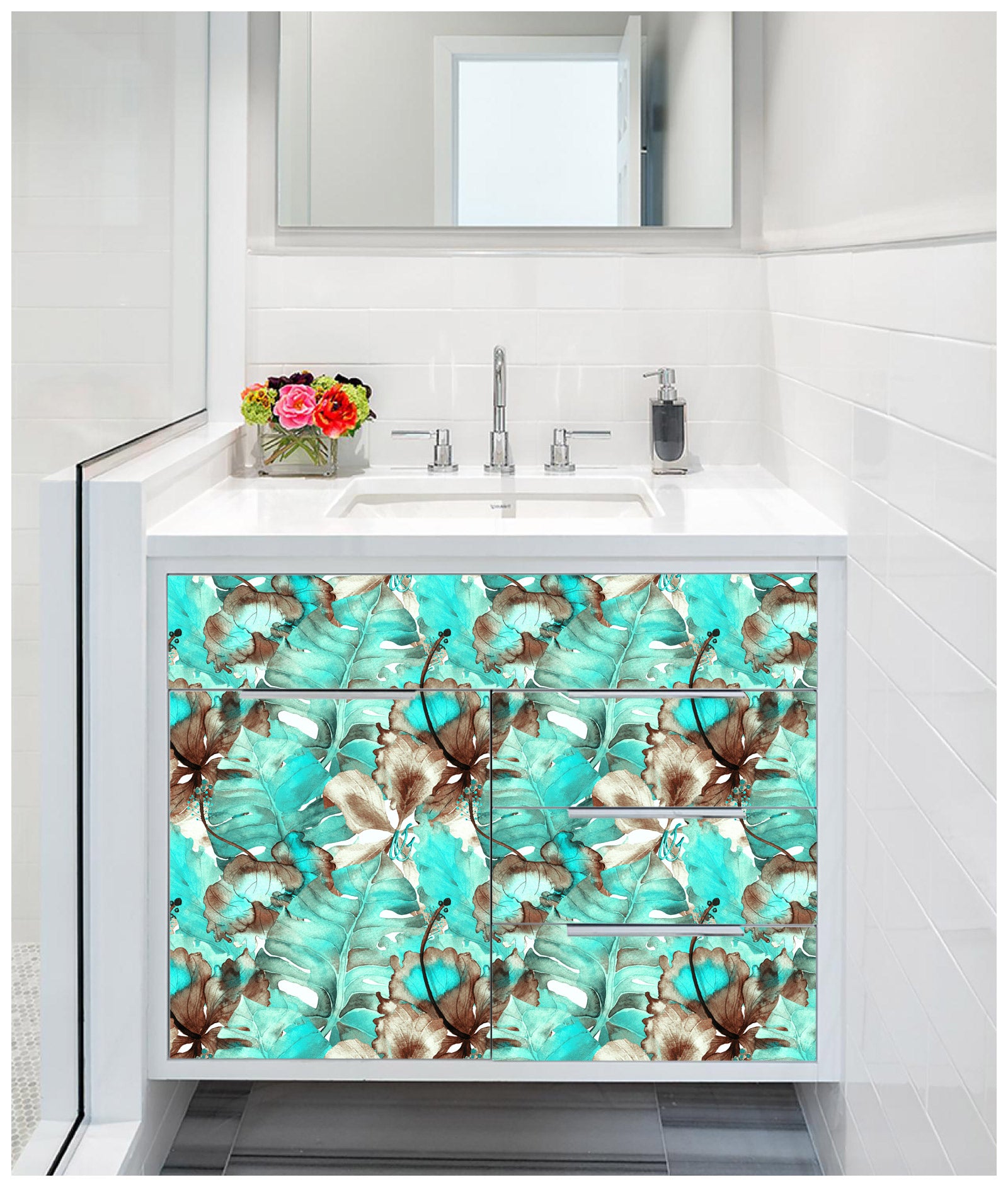 HaokHome Teal Turquoise Sepia Brown Watercolor Monstera Palm Removable Wall Covering