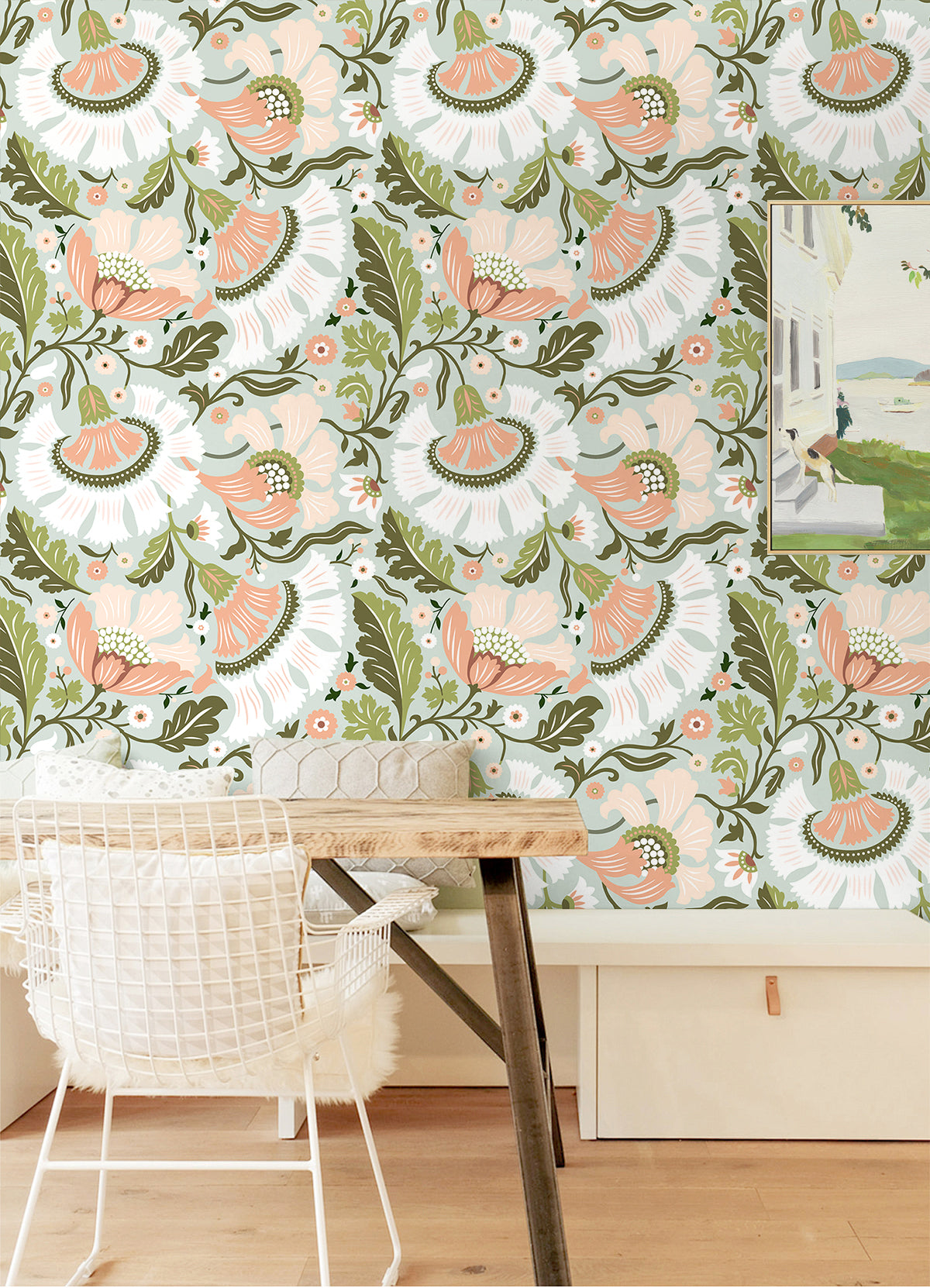 HaokHome Soft Folk Floral Peel and Stick Wallpaper, Mint Green & Blush Pink Removable Wallpaper for Nursery