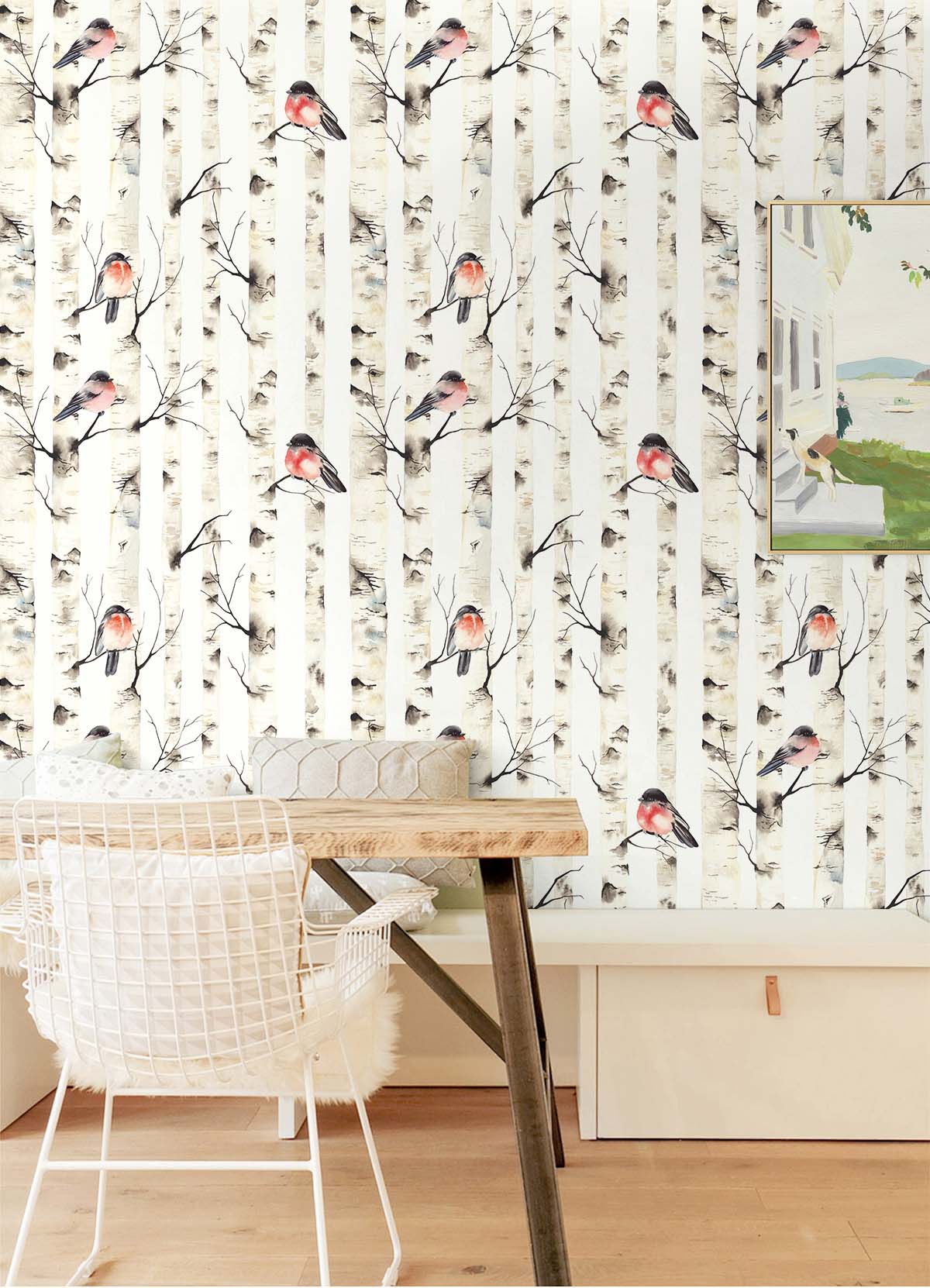 HaokHome Birch Tree Forest Birds Peel and Stick Wallpaper