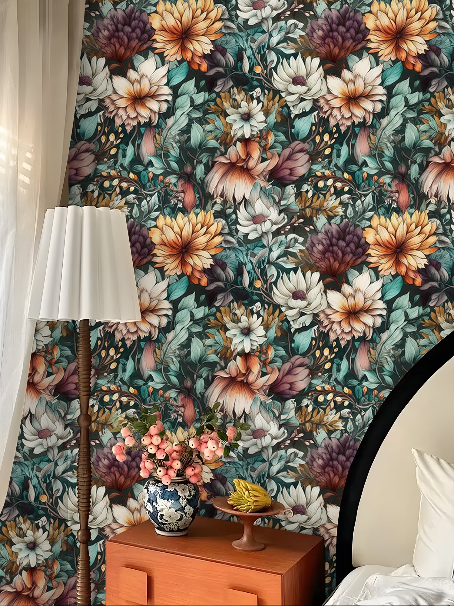 HaokHome Wallpaper Peel and Stick Floral Purple/Orange/Green Vintage Wall Decor Living Room Removable Mural