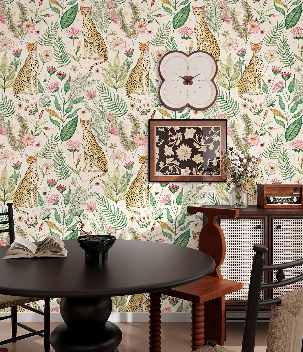 HaokHome Botanical Cheetah Wallpaper - Peel and Stick Removable Decor for Kids’ Rooms & Living Spaces