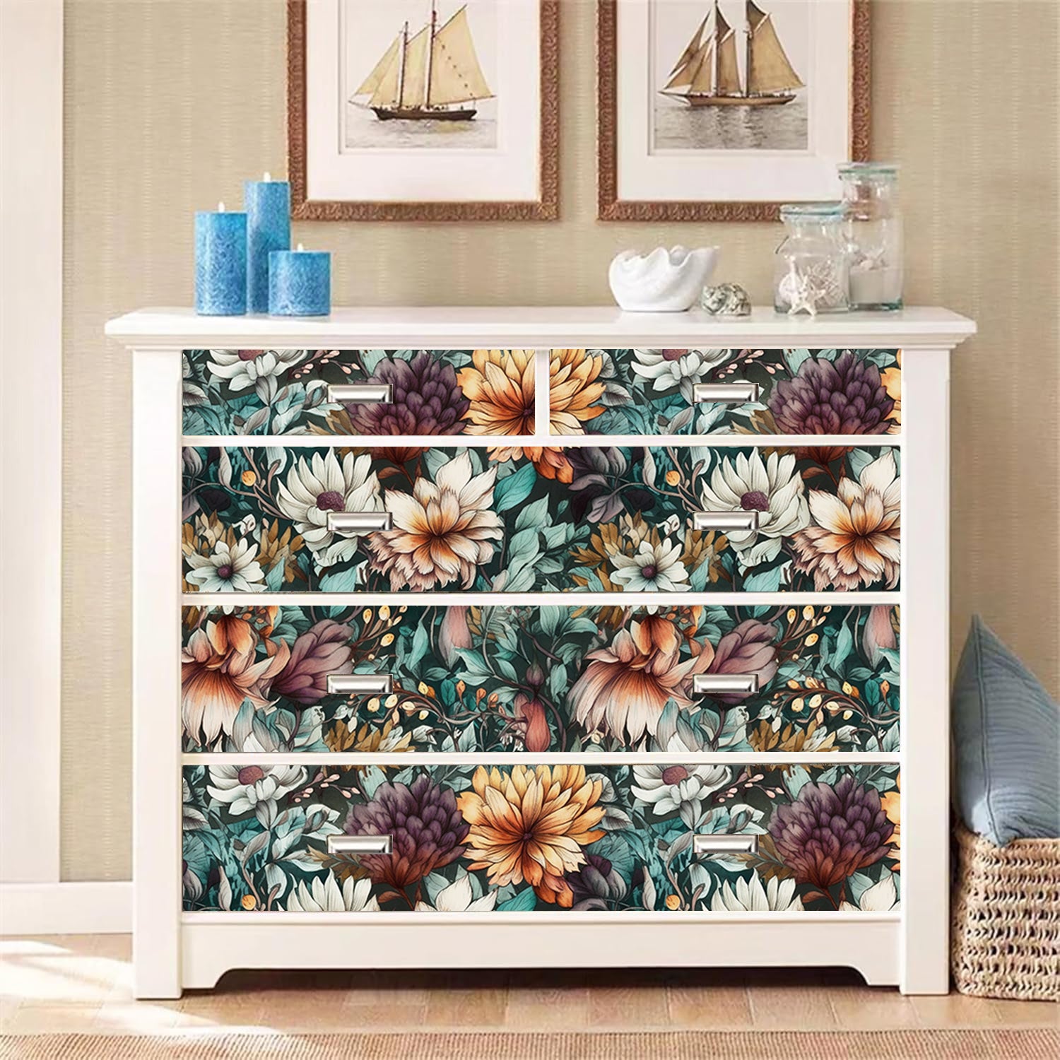 HaokHome Wallpaper Peel and Stick Floral Purple/Orange/Green Vintage Wall Decor Living Room Removable Mural