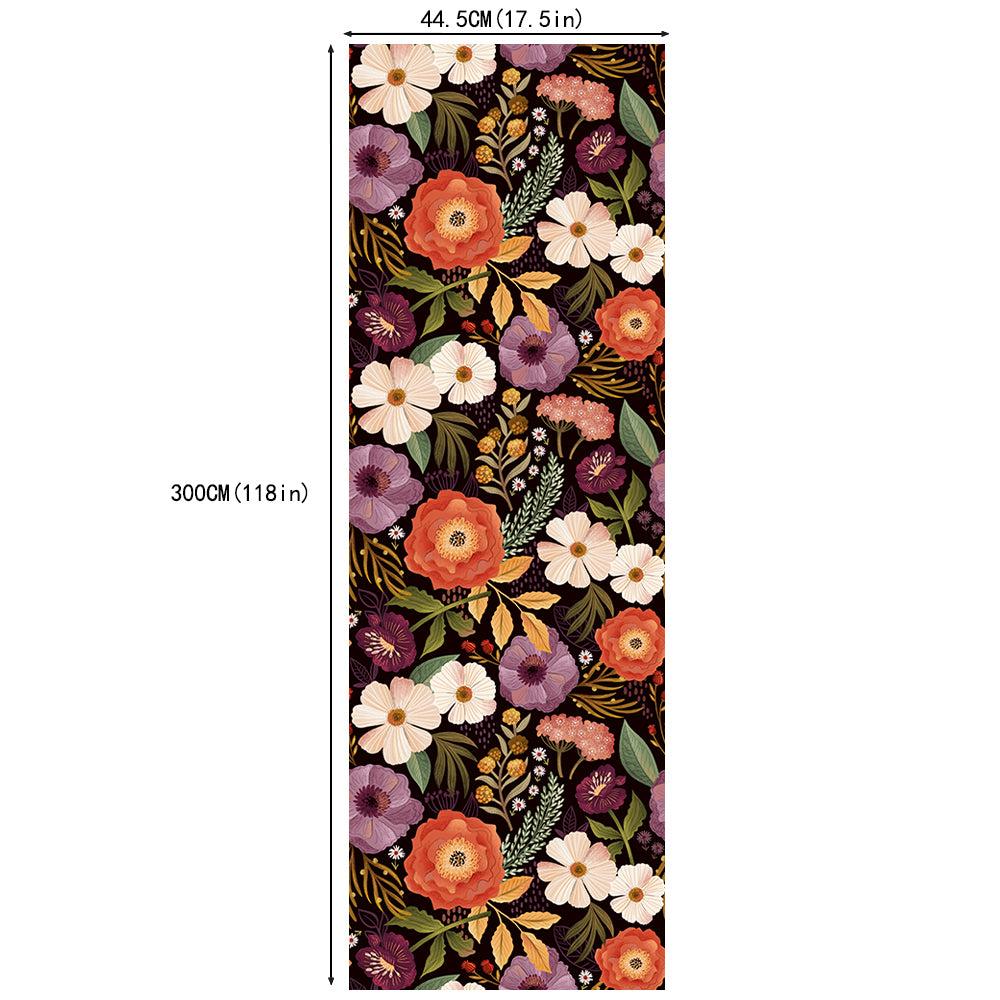 HaokHome Floral Pattern Wallpaper – Elegant Poppies, Daisies, and Leaves on Deep Burgundy Background