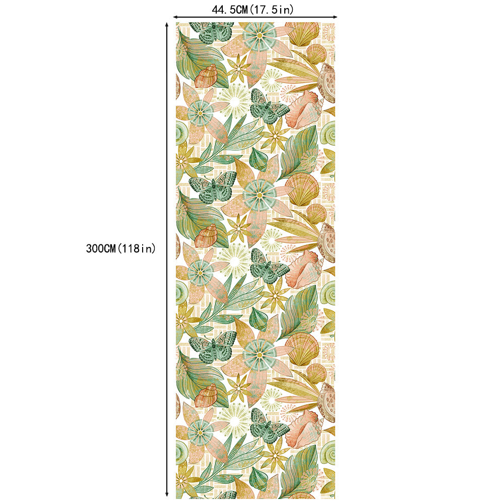 HaokHome Hand-Painted Floral and Butterfly Wallpaper with Seashells – Nature-Inspired Peel and Stick Wall Mural for Living Room & Bedroom Decor
