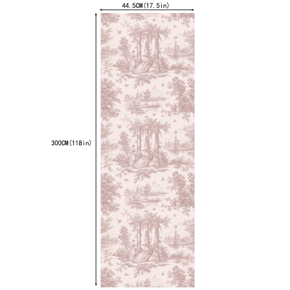 HaokHome Peel and Stick Wallpaper Blush Pink Forest Figure Toile de Jouy Wall Mural Removable Self Adhesive Soft Vintage Cottage Wallpaper