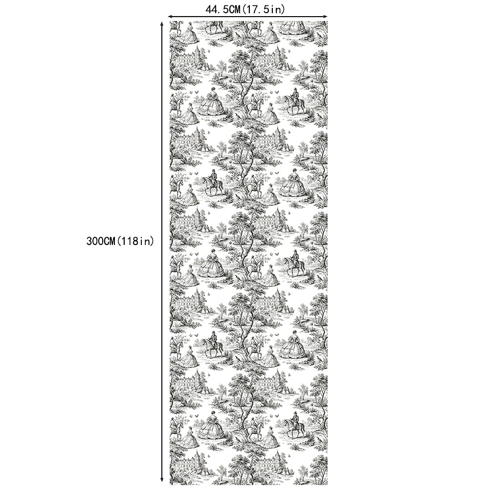 HaokHome Neutral Toile de Jouy Peel and Stick Wallpaper, Black & White Vintage French Scenic Removable Self Adhesive Wallpaper