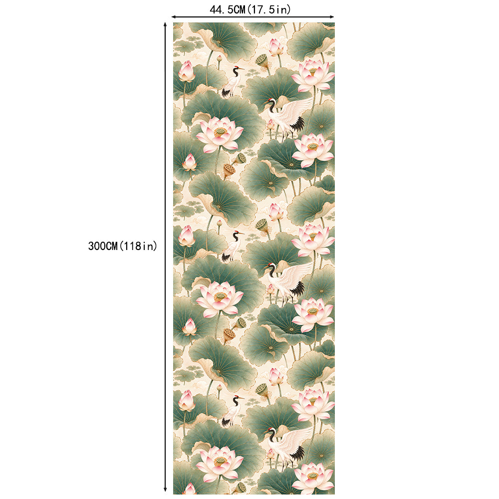 HaokHome Peel and Stick Wallpaper Chinoiserie Lotus Crane Floral Wall Mural Removable Self Adhesive Serene Botanical Wallpaper
