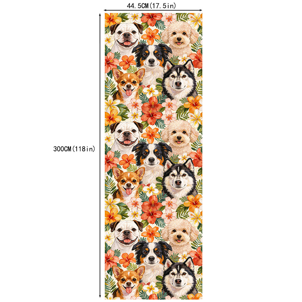 HaokHome Tropical Dog Floral Peel and Stick Wallpaper, Watercolor Puppy & Hibiscus Botanical Removable Self Adhesive Wallpaper