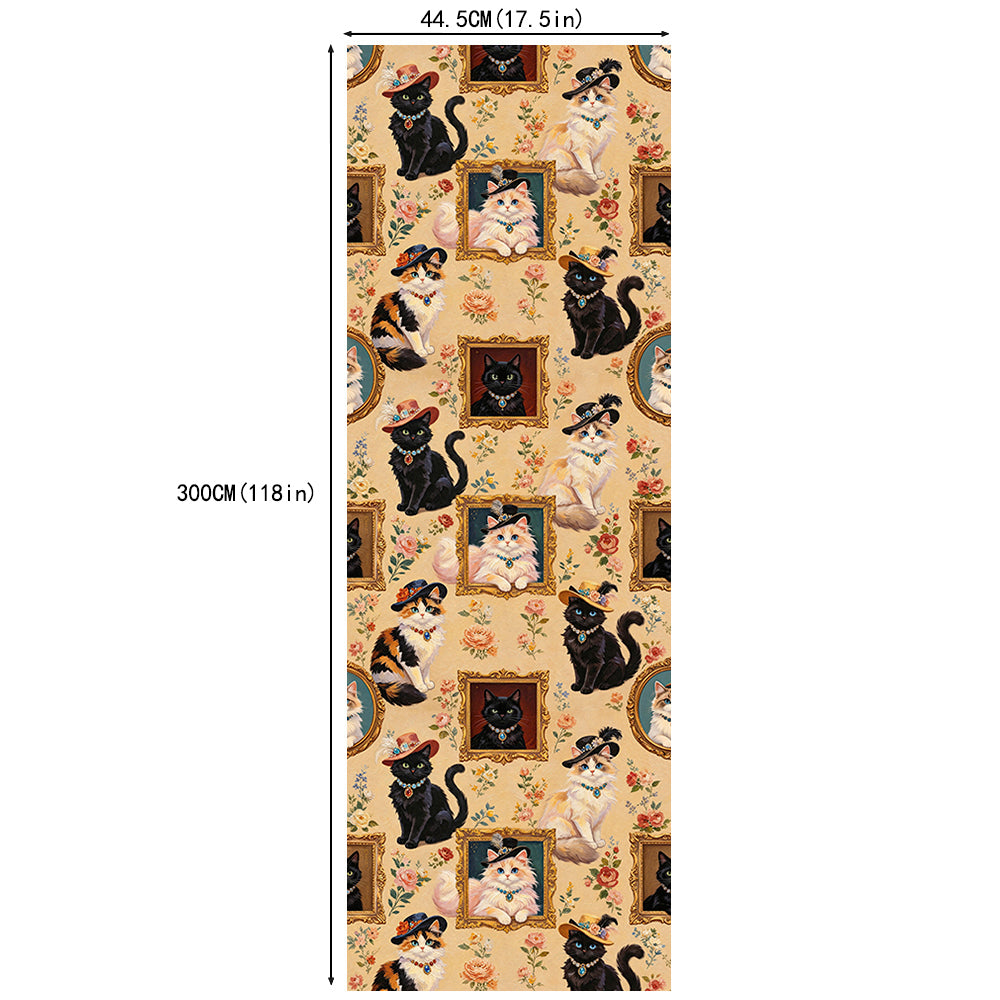 HaokHome Peel and Stick Wallpaper Vintage Aristocat Floral Wall Mural Removable Self Adhesive Whimsical Cat Wallpaper