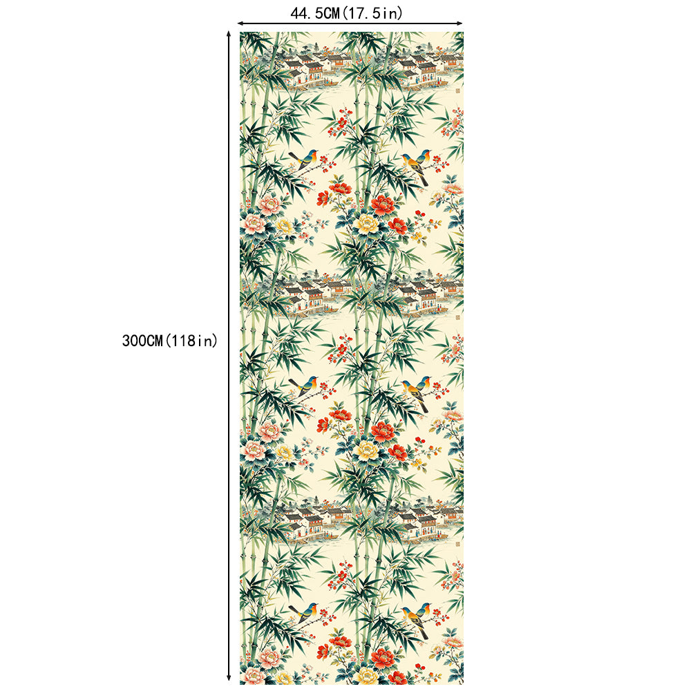 HaokHome Peel and Stick Wallpaper Chinoiserie Bamboo Bird Floral Landscape Wall Mural Removable Self Adhesive Vintage Botanical Wallpaper