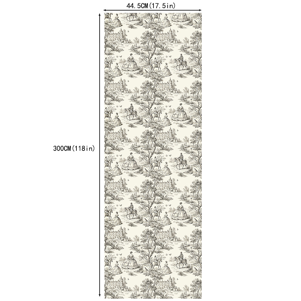HaokHome Soft Tone Toile de Jouy Peel and Stick Wallpaper, Beige & Off-White French Vintage Scenic Removable Self Adhesive Wallpaper
