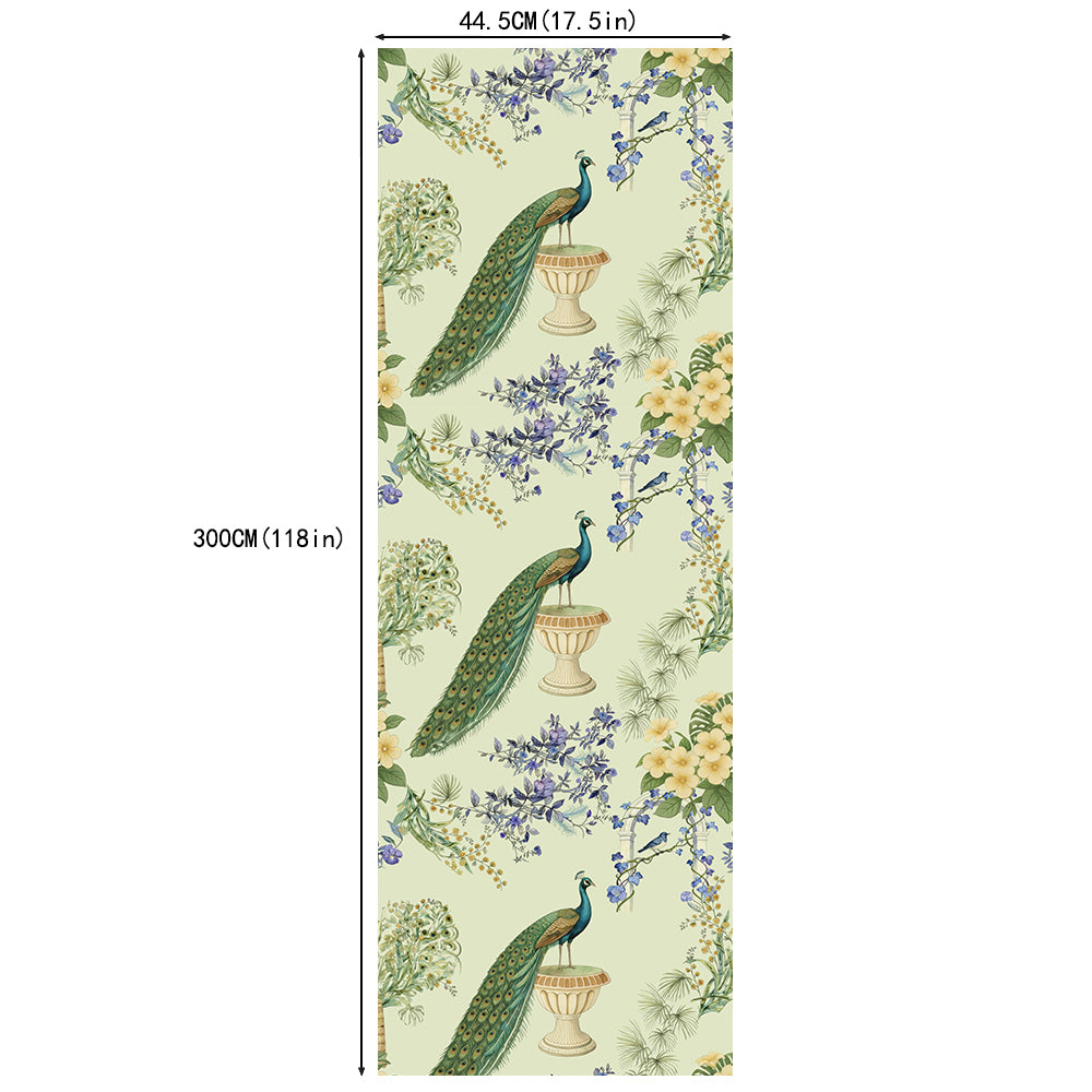HaokHome Peacock Floral Watercolor Wallpaper, Vintage Botanical Peel and Stick Wallpaper, Removable Wall Mural for Bedroom and Living Room