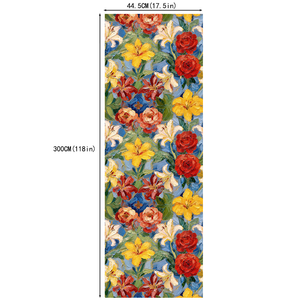 HaokHome Peel and Stick Wallpaper Bold Oil Painting Floral Botanical Rose & Lily Colorful Style Removable Self Adhesive Wallpaper for Living Room & Dining Room