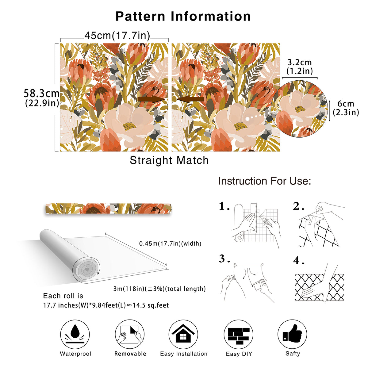 HaokHome Floral Peel and Stick Wallpaper Orange Vintage Adhesive Contact Paper for Walls