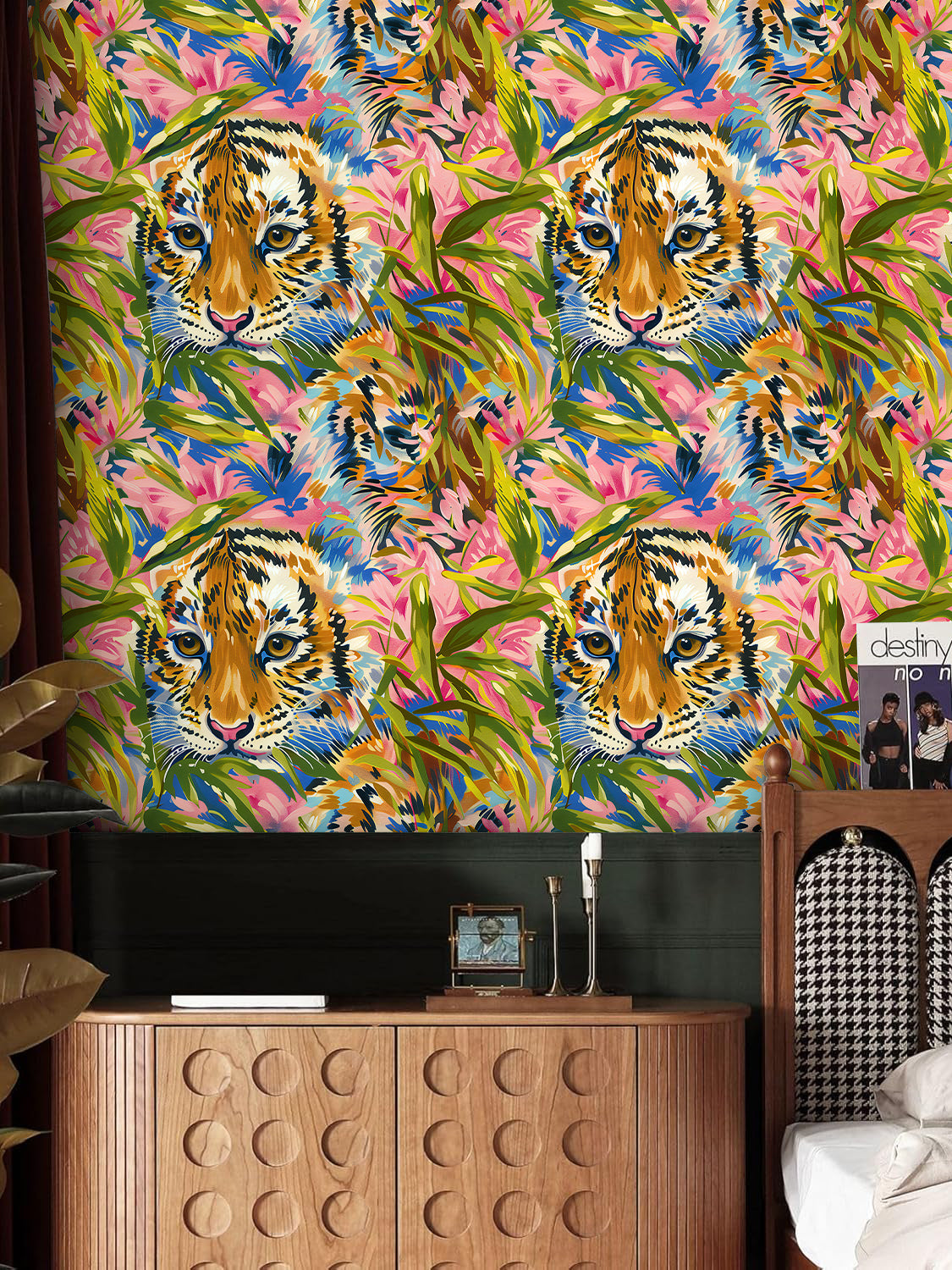 HaokHome layful Tiger and Tropical Bloom Wallpaper Colorful, Bold Design with Pink Flowers and Lush Greenery