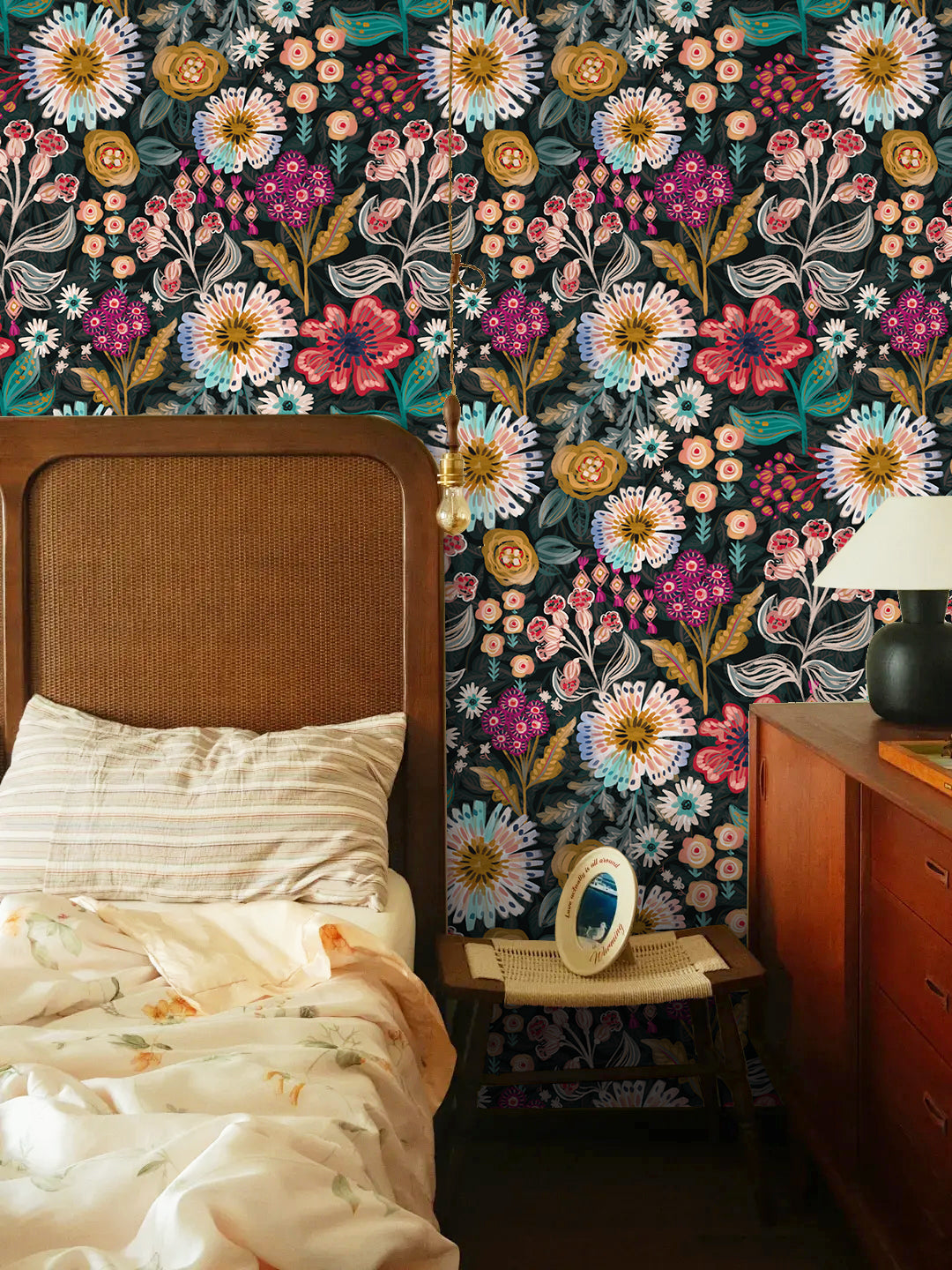 HaokHome Peel and Stick Wallpaper – Dark Moody Folk Wildflower Hand‑Drawn Botanical Removable Wallpaper for Accent Wall
