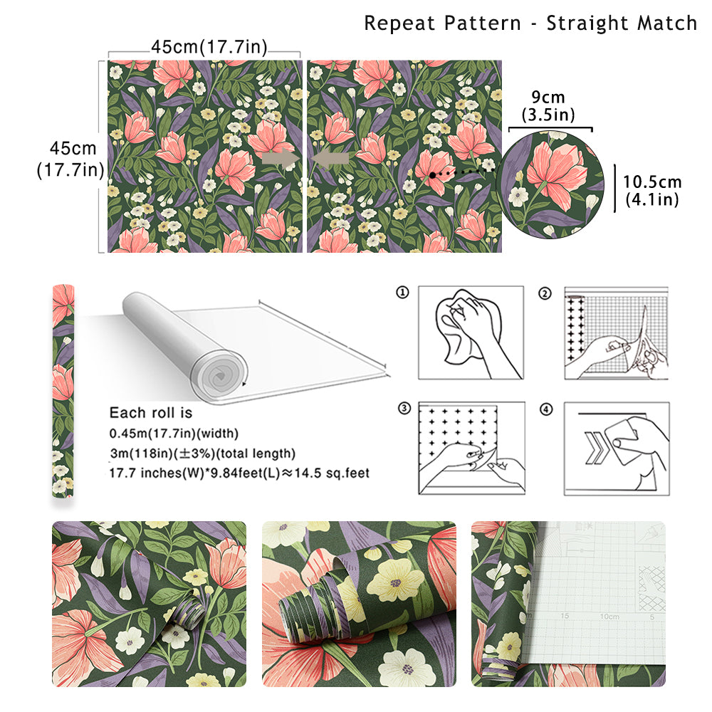 HaokHome Dark Green Coral Tulip Botanical Removable Self‑Adhesive Wall Covering, Moody Floral Peel and Stick Wallpaper