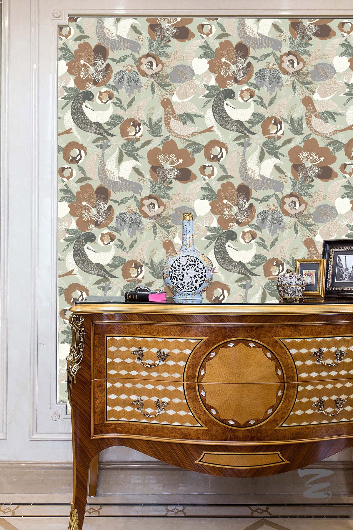 HaokHome Neutral Folk Bird floral Peel and Stick Wallpaper, Vintage Bird & Flower Removable Wallpaper