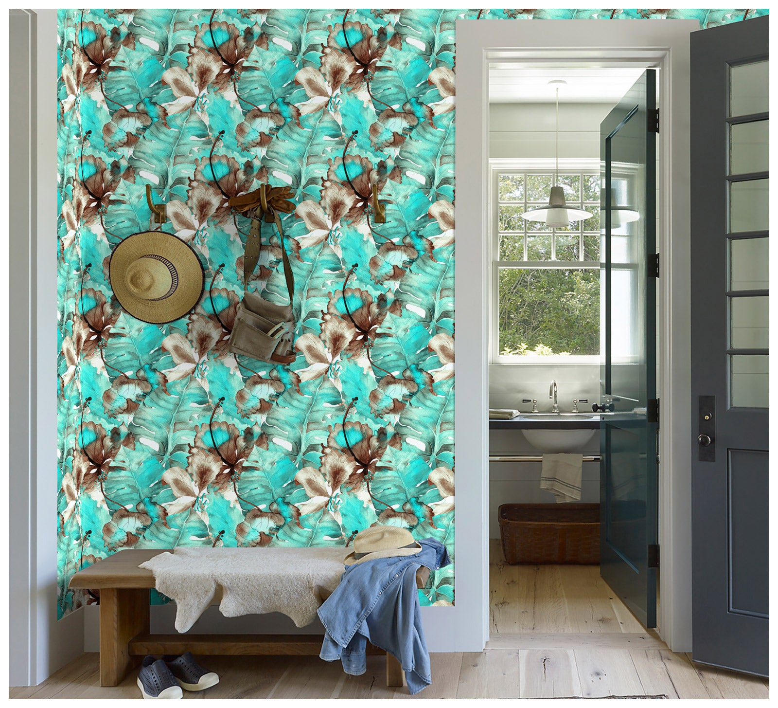 HaokHome Teal Turquoise Sepia Brown Watercolor Monstera Palm Removable Wall Covering