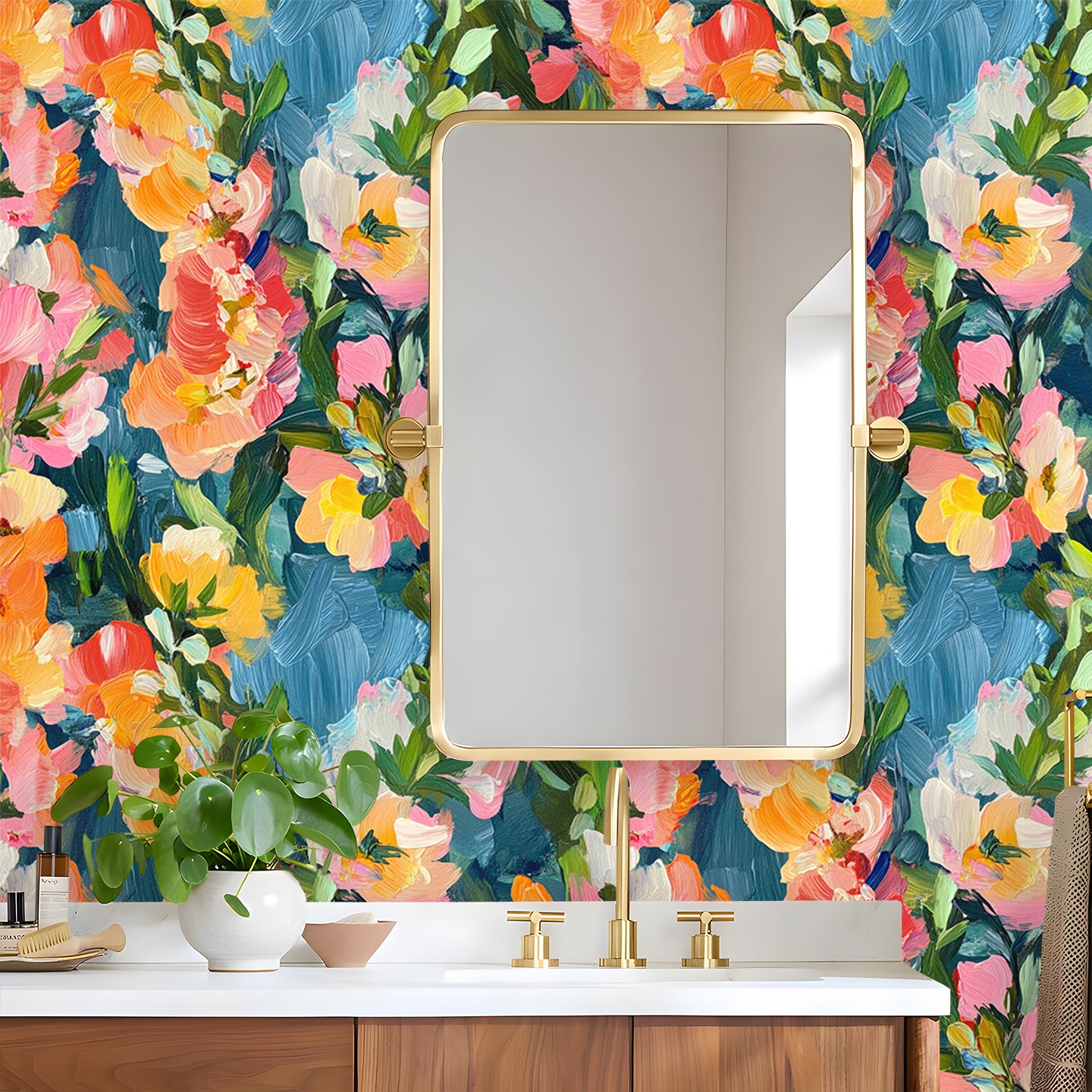 HaokHome Vibrant Abstract Floral Wallpaper Bold Brushstroke Flowers in Pink, Orange, and Yellow on Blue Background