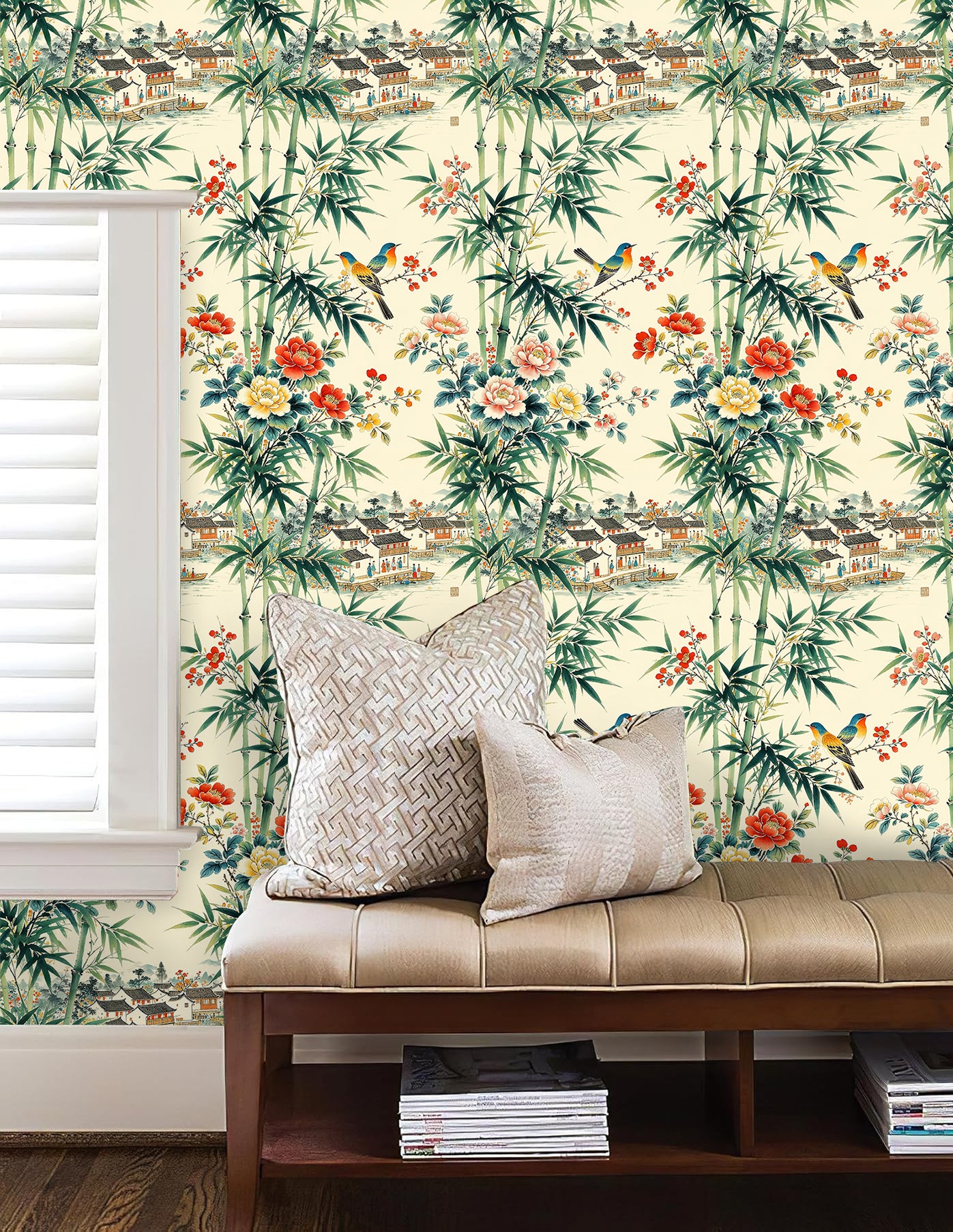 HaokHome Peel and Stick Wallpaper Chinoiserie Bamboo Bird Floral Landscape Wall Mural Removable Self Adhesive Vintage Botanical Wallpaper