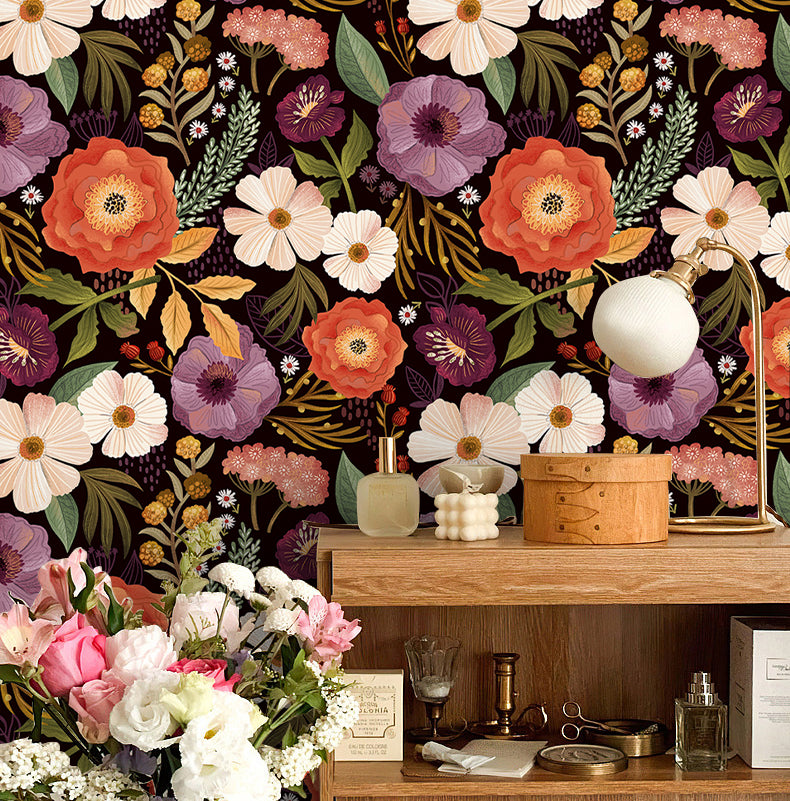HaokHome Floral Pattern Wallpaper – Elegant Poppies, Daisies, and Leaves on Deep Burgundy Background