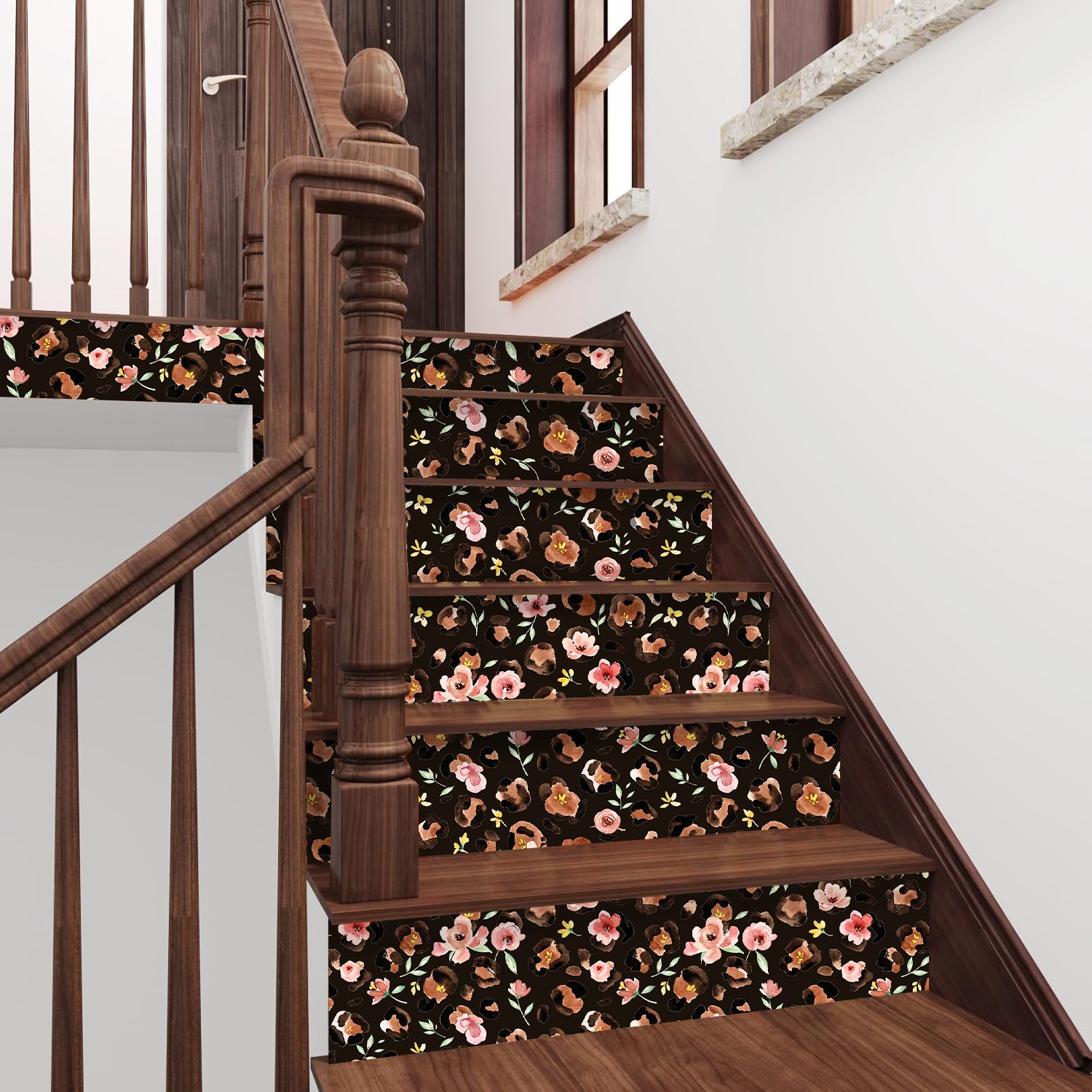 HaokHome Watercolor Leopard Floral Peel and Stick Wallpaper – Pink Flowers on Dark Brown Background