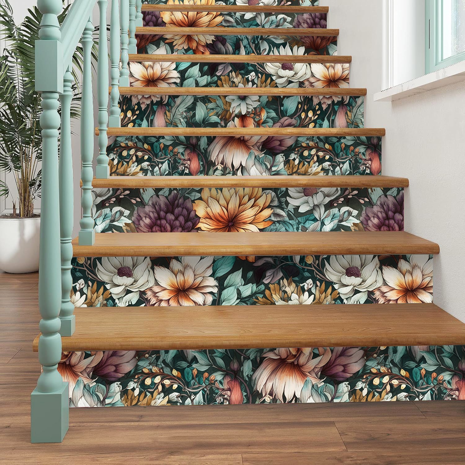 HaokHome Wallpaper Peel and Stick Floral Purple/Orange/Green Vintage Wall Decor Living Room Removable Mural