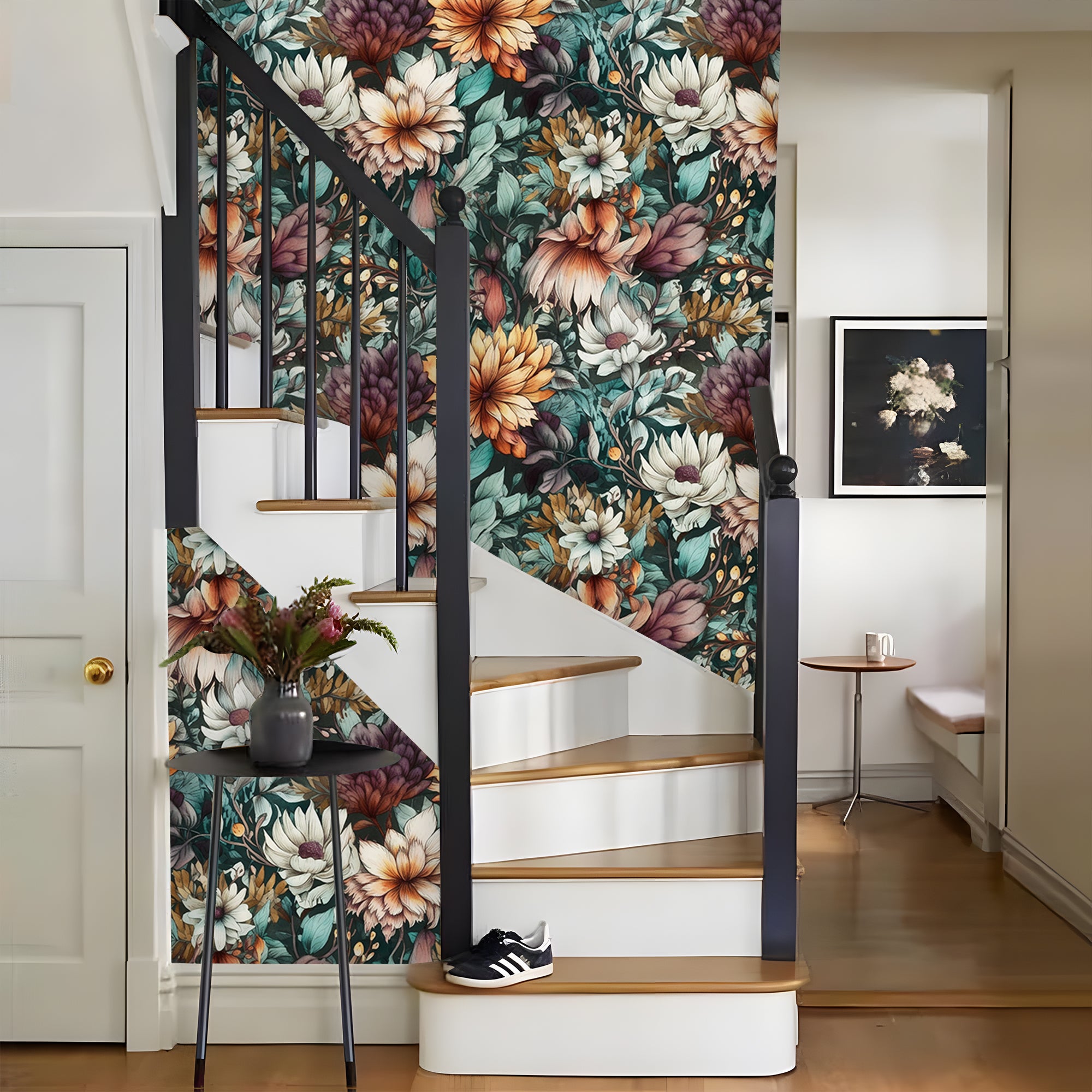 HaokHome Wallpaper Peel and Stick Floral Purple/Orange/Green Vintage Wall Decor Living Room Removable Mural