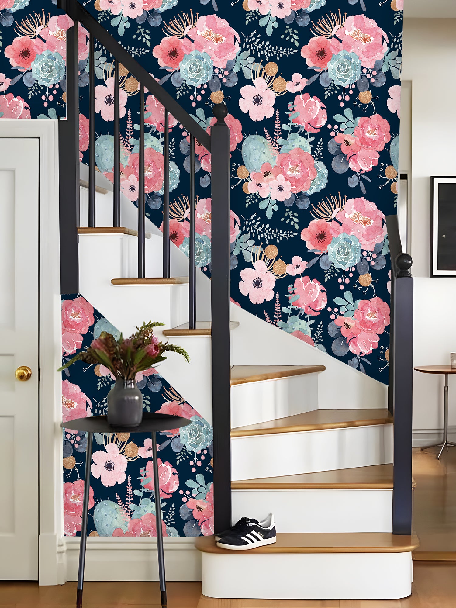 HaokHome Peel and Stick Wallpaper Navy Blue Watercolor Peony Floral Wall Mural Removable Self Adhesive Moody Botanical Wallpaper