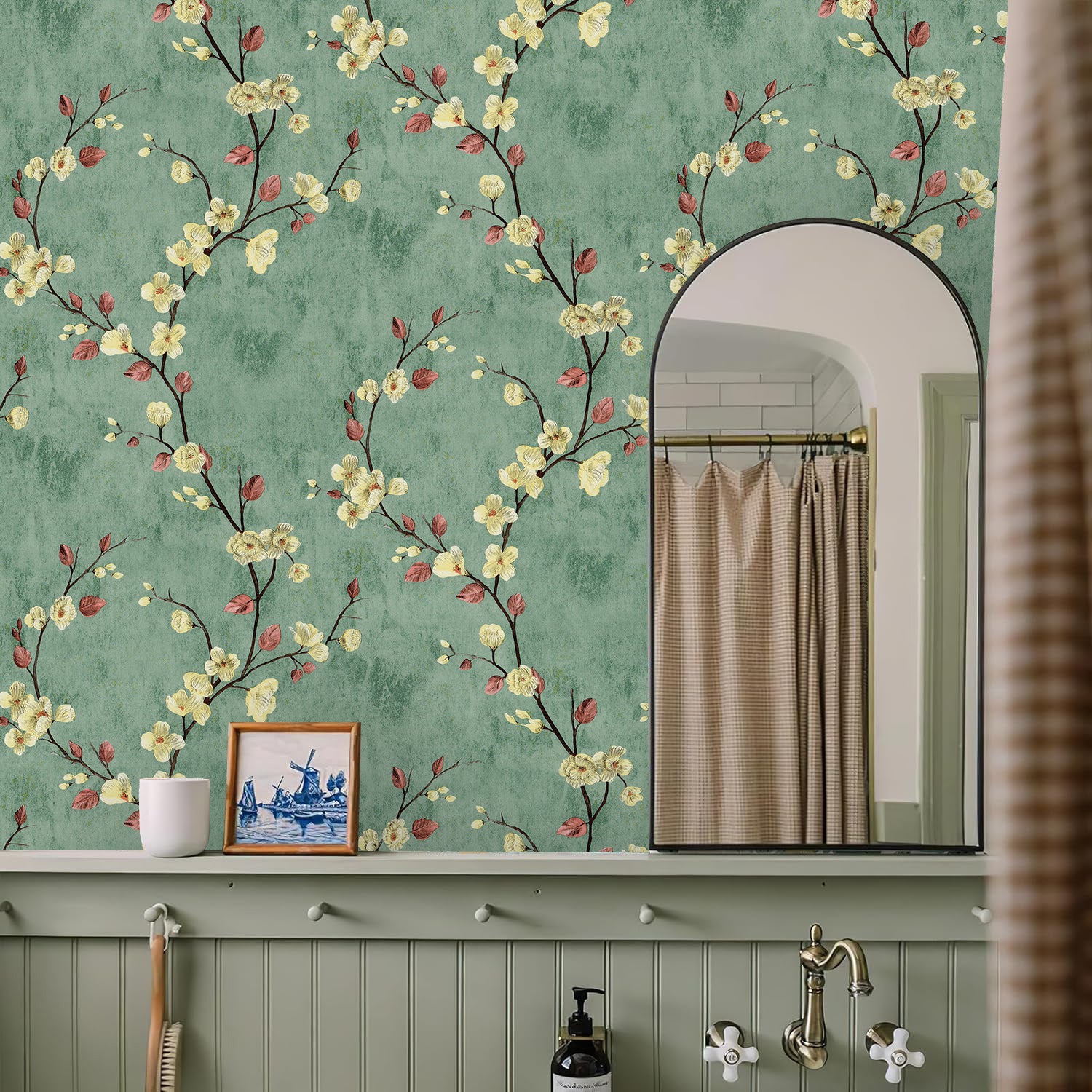 HaokHome Peel and Stick Retro American Dark Green Floral Waterproof Wallpaper