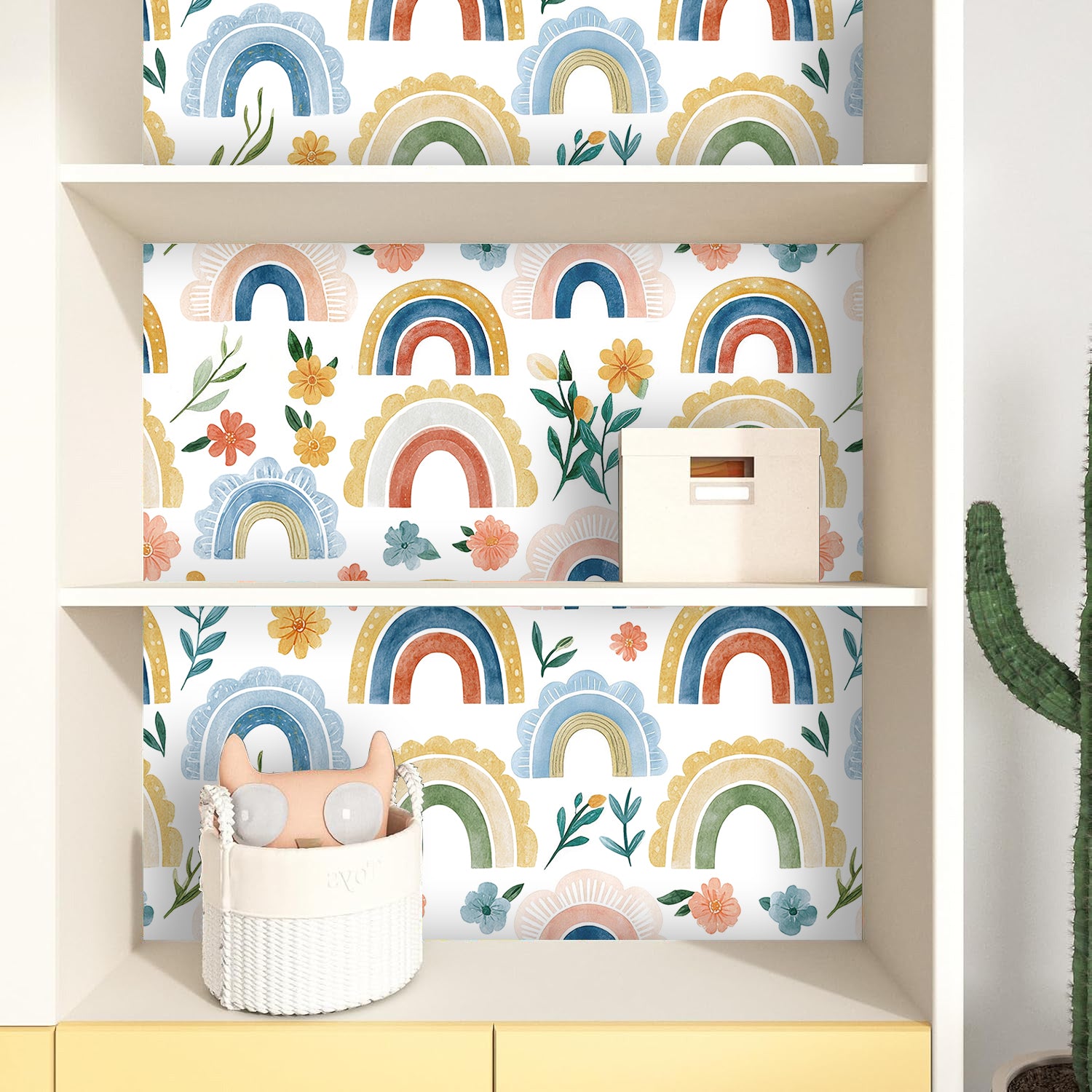 Boho Rainbow Floral Peel and Stick Wallpaper – Watercolor Neutral Nursery Print