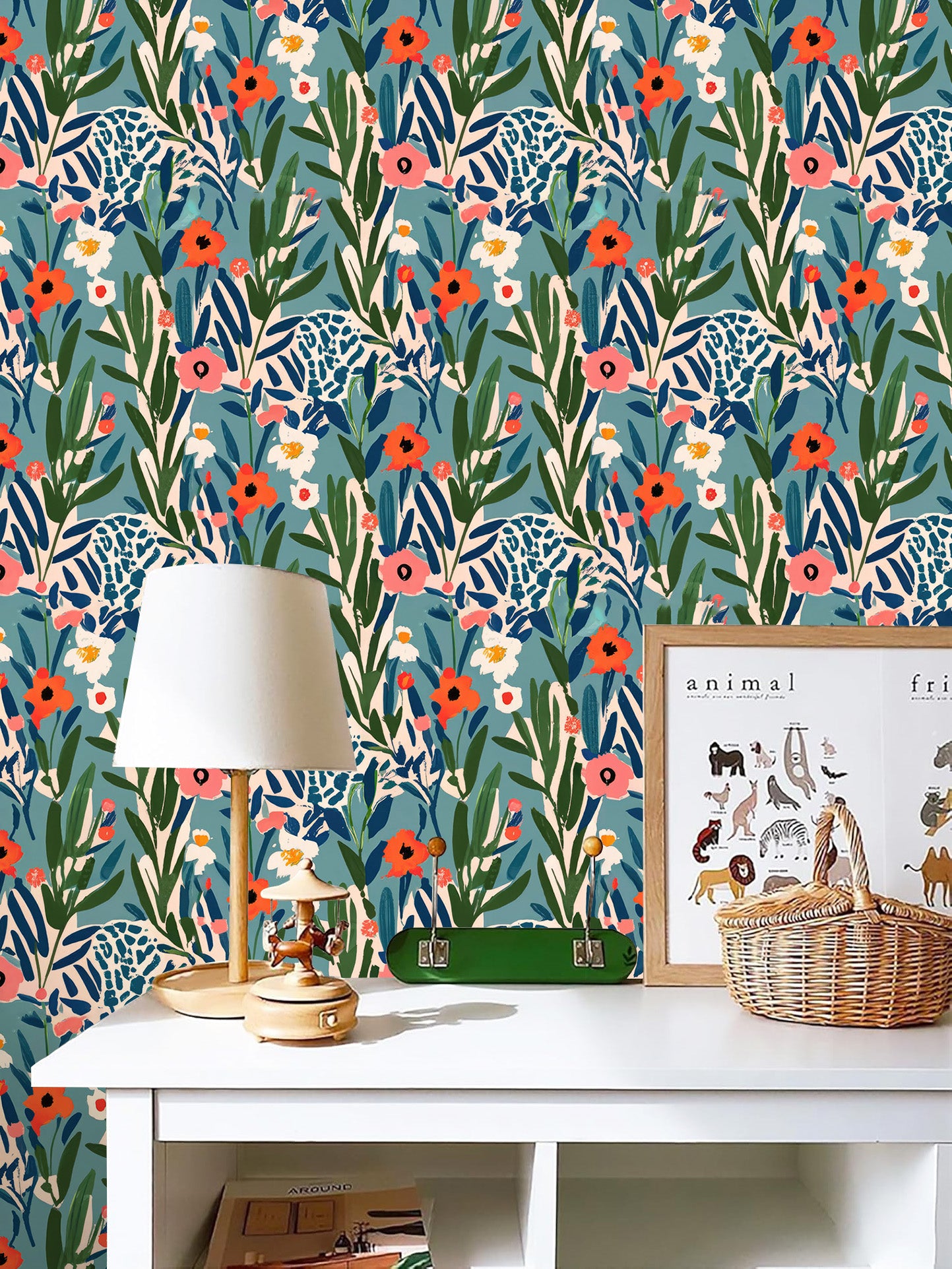HaokHome Wallpaper Peel and Stick Floral Blue/Red/Green Abstract Wall Decor Removable Mural