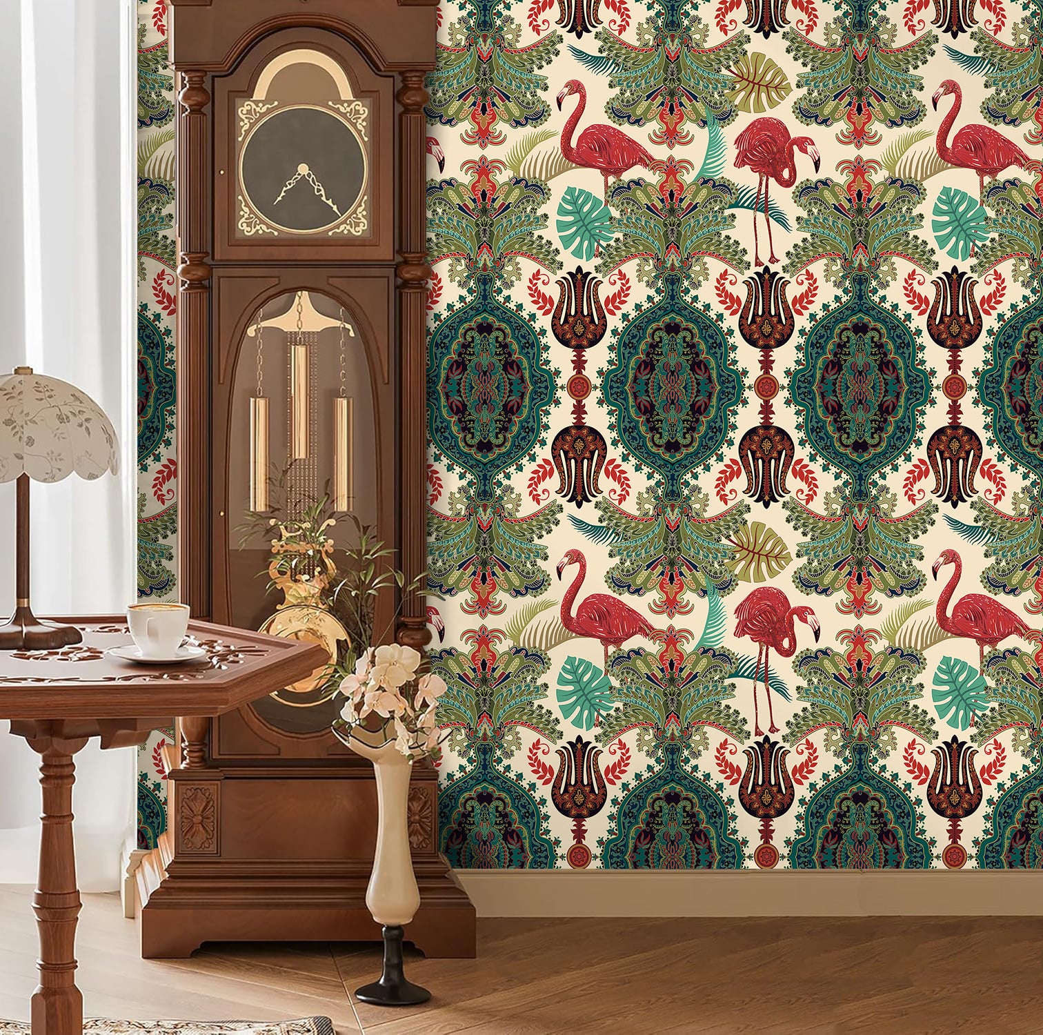 HaokHome Peel and Stick Wallpaper Boho Tropical Flamingo and Leaf Pattern Vintage Baroque Wall Mural Removable Vinyl Self Adhesive Wallpaper for Living Room Bedroom Accent Wall