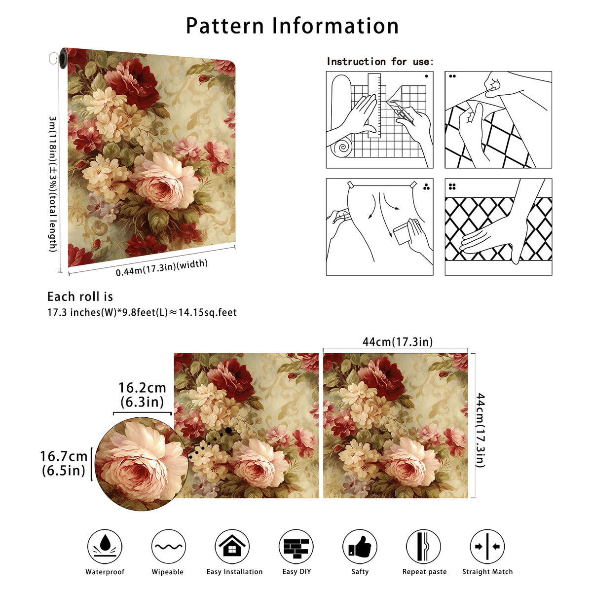 HaokHome Wallpaper Peel and Stick Rose Floral Watercolor Wall Decor in Red, Pink & Beige Removable Mural