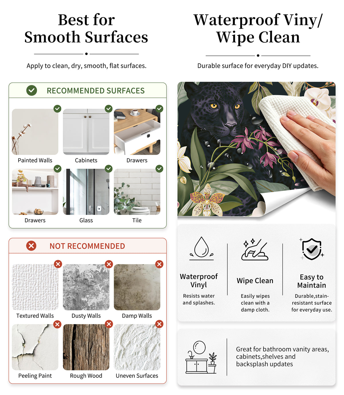 Haokhome Black Panther Tropical Orchid Wallpaper, Dark Jungle Removable Self-Adhesive Wall Covering