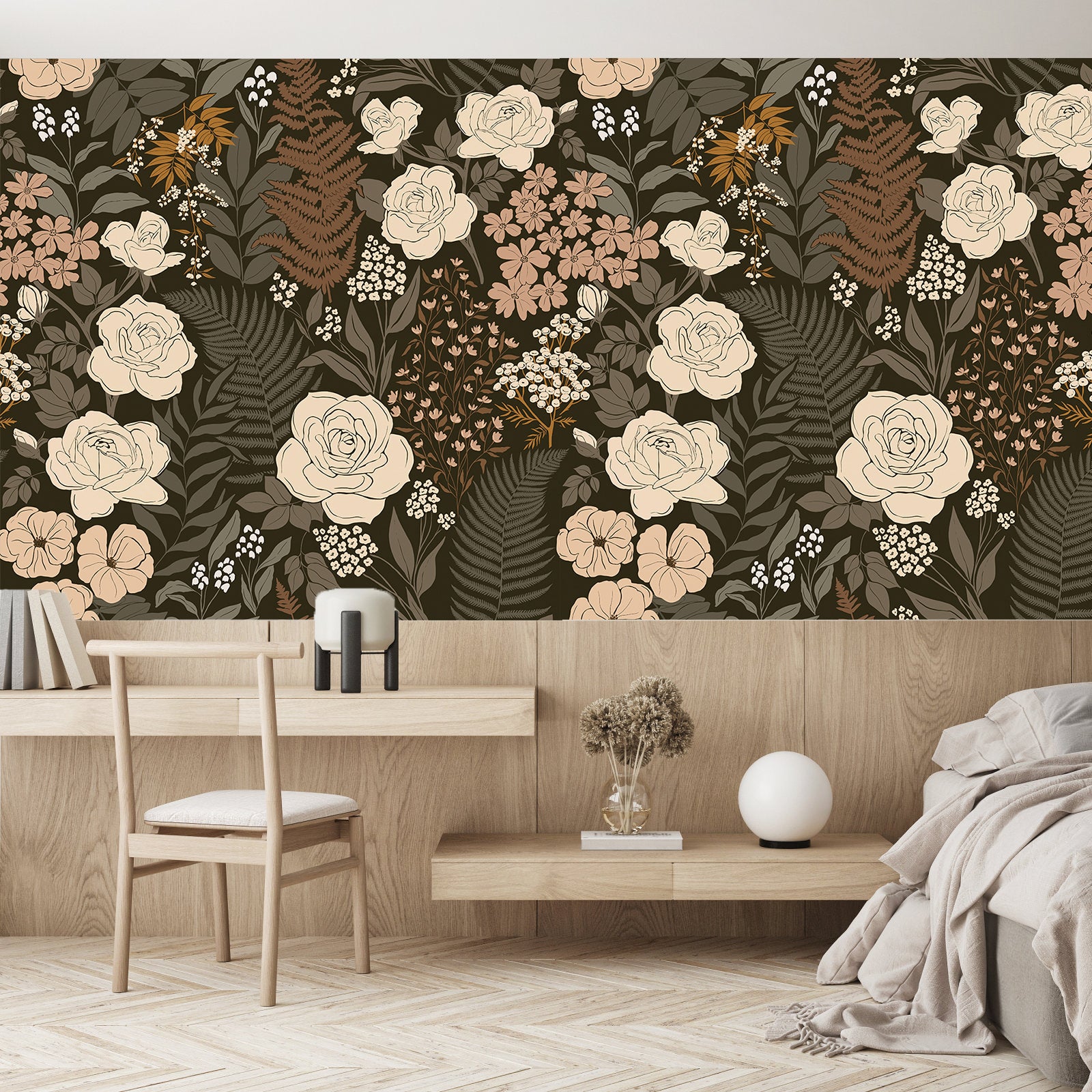 HaokHome Peel and Stick Wallpaper Floral Vintage Removable Rose Leaf Black/Brown/Beige Stick on Mural