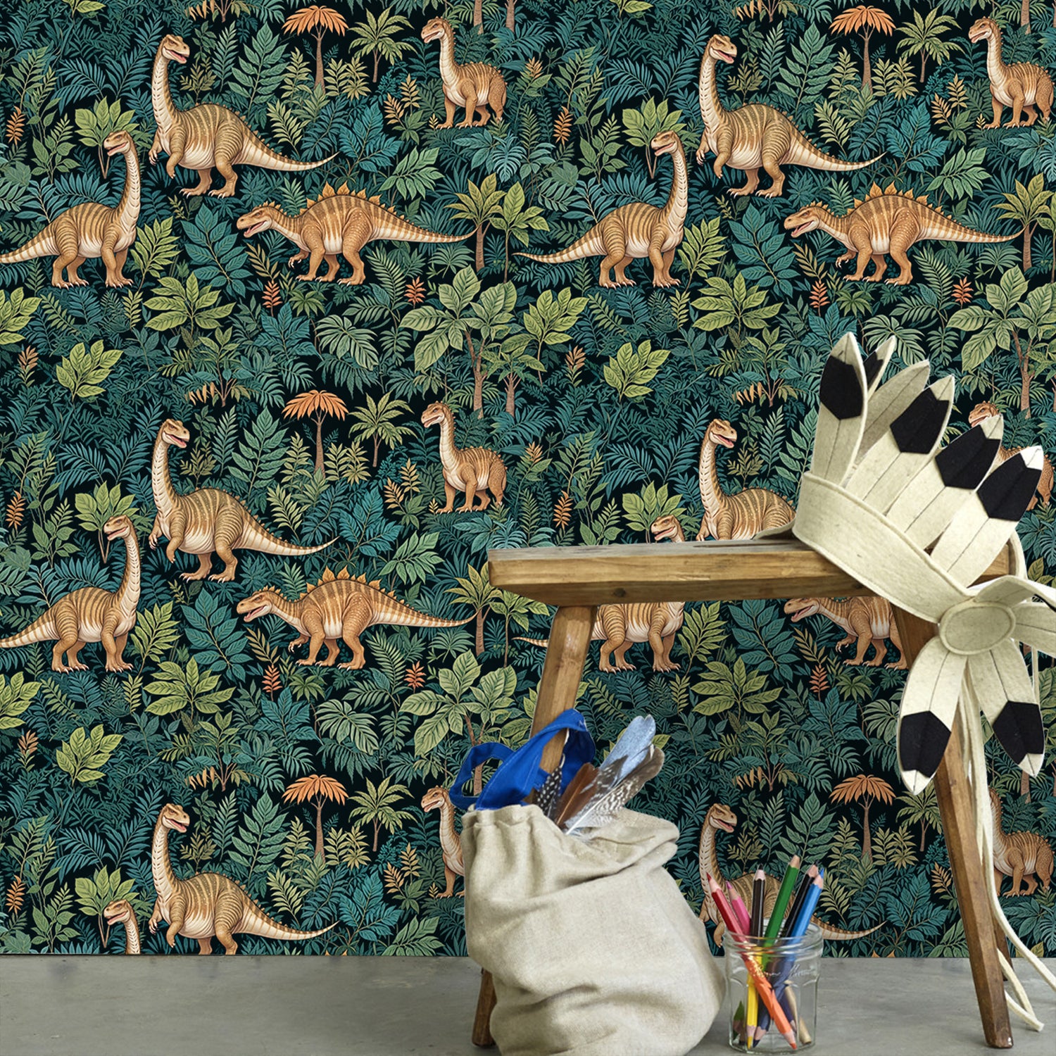 HaokHome Wallpaper Peel and Stick Dinosaur Jungle Foliage Wall Decor Removable Mural
