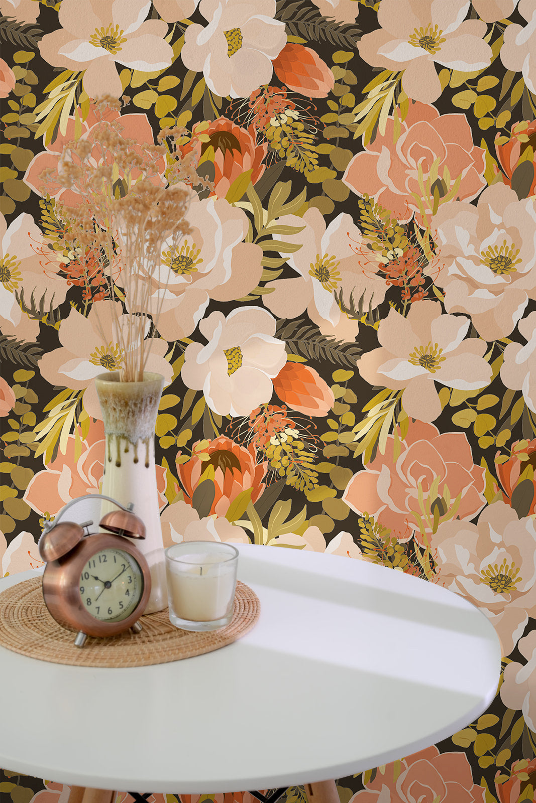 HaokHome Moody Dark Floral Peel and Stick Wallpaper, Blush Pink & Coral Protea Removable Wallpaper for Accent Wall