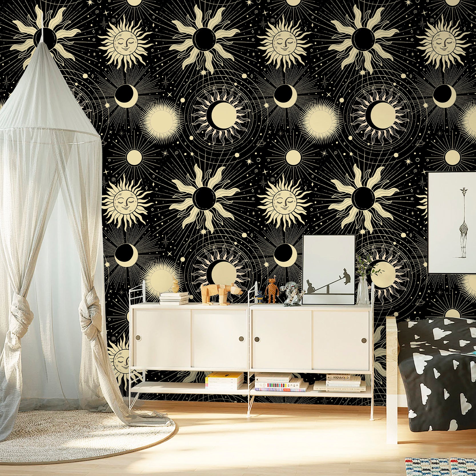 HaokHome Sun and Moon Peel and Stick Wallpaper, Mystical Celestial Removable Self Adhesive Wallpaper for Bedroom & Living Room