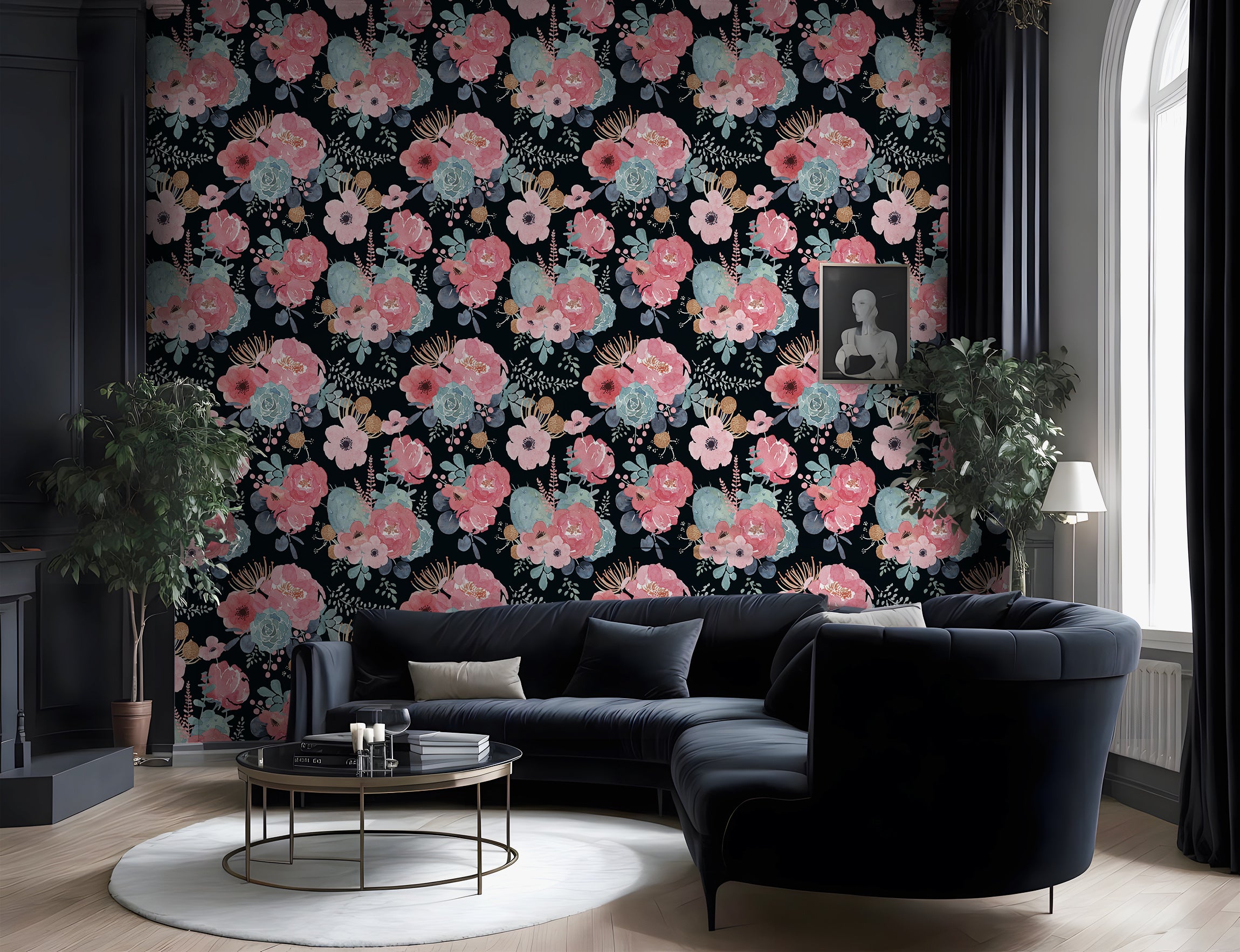 Watercolor Blush Rose & Cactus Peel and Stick Wallpaper, Moody Dark Botanical Decor | HaokHome