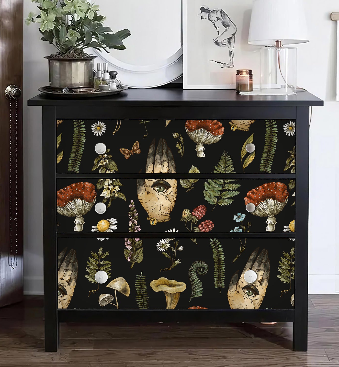 HaokHome Peel and Stick Wallpaper Mystic Vintage Hand Eye Botanical Mushroom Wall Mural Removable Self Adhesive Black Wallpaper for Home Decor