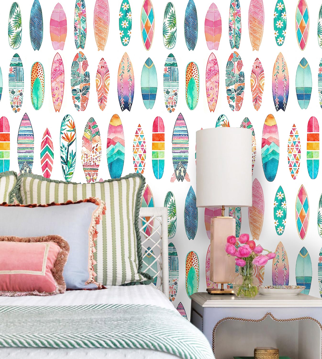 HaokHome Peel and Stick Wallpaper Watercolor Surfboard Removable Wall Decor for Beach House & Coastal Vibe