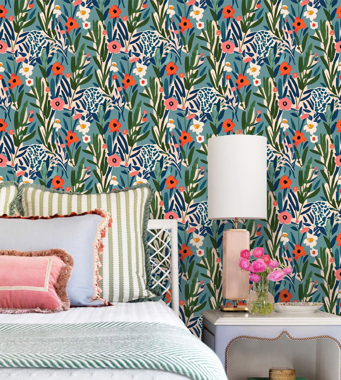 HaokHome Wallpaper Peel and Stick Floral Blue/Red/Green Abstract Wall Decor Removable Mural