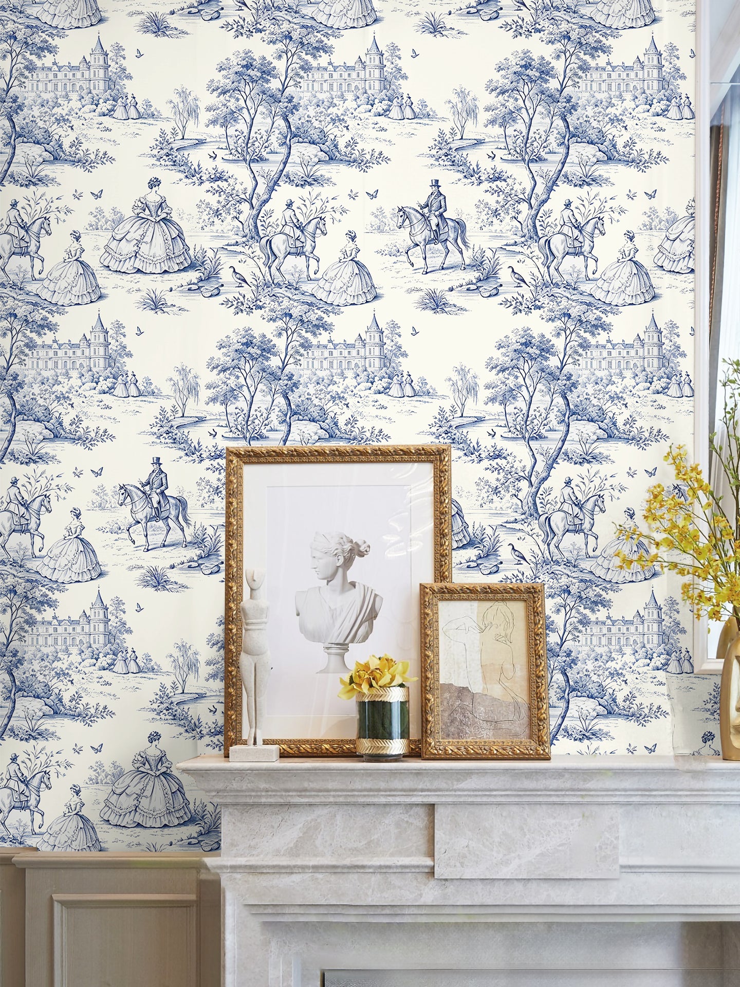 HaokHome Classic Toile de Jouy Peel and Stick Wallpaper, Blue & White French Countryside Scenic Removable Self Adhesive Wallpaper