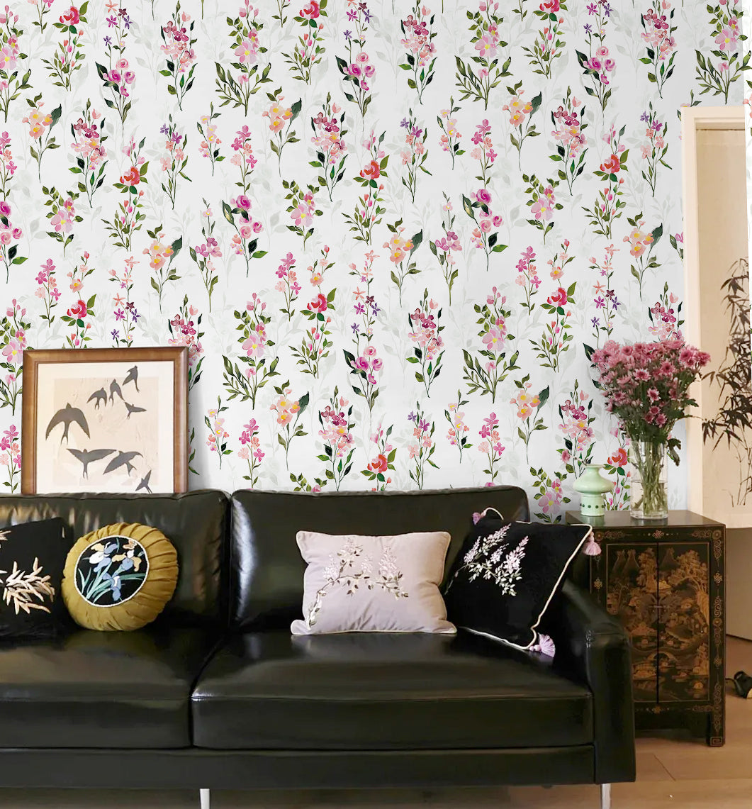 HaokHome Watercolor Wildflower Removable Self‑Adhesive Wall Covering, Pink Purple Botanical Peel and Stick Wallpaper